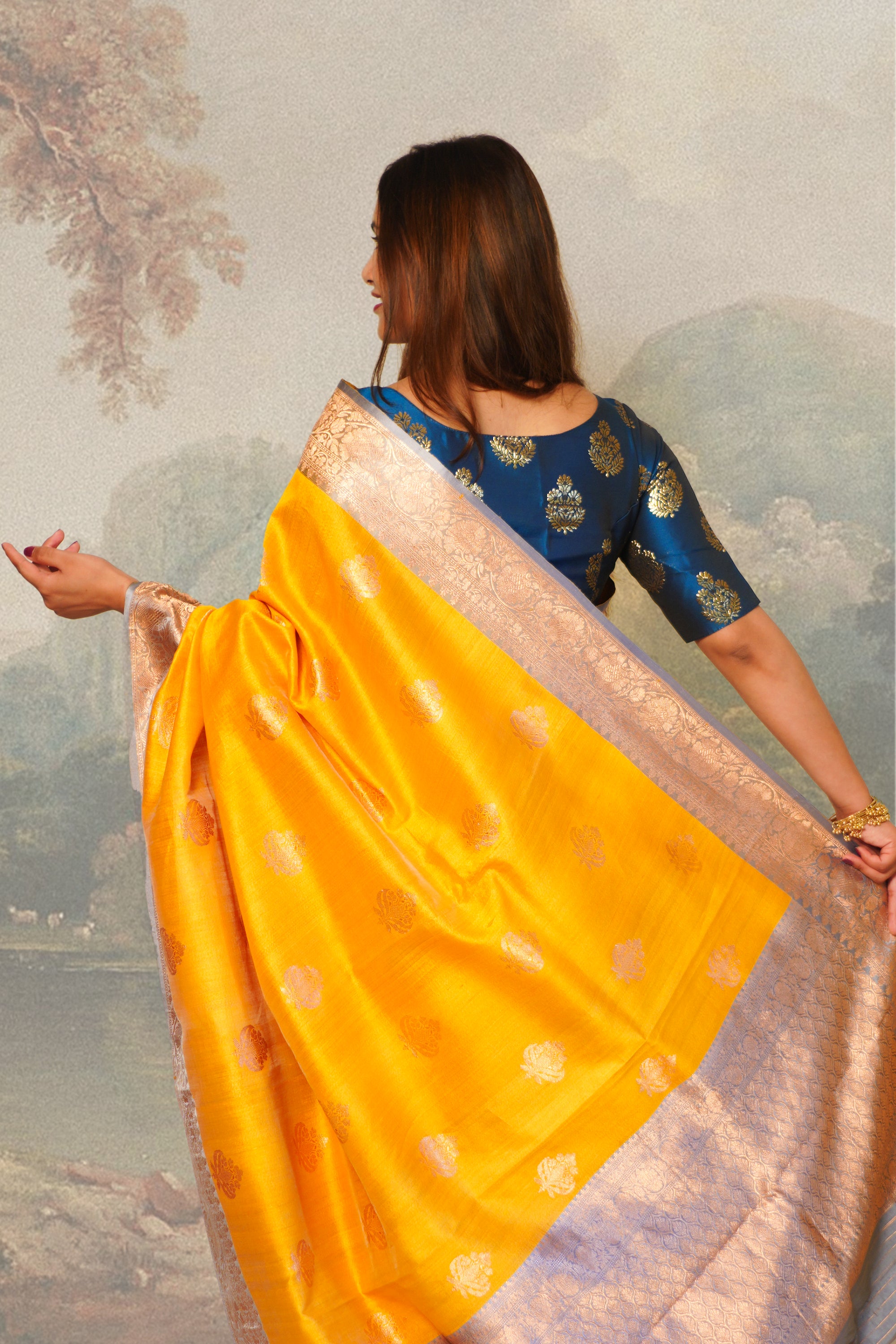 Royal Yellow and Ice Blue Contrast Tussar Silk Saree With Blouse Piece