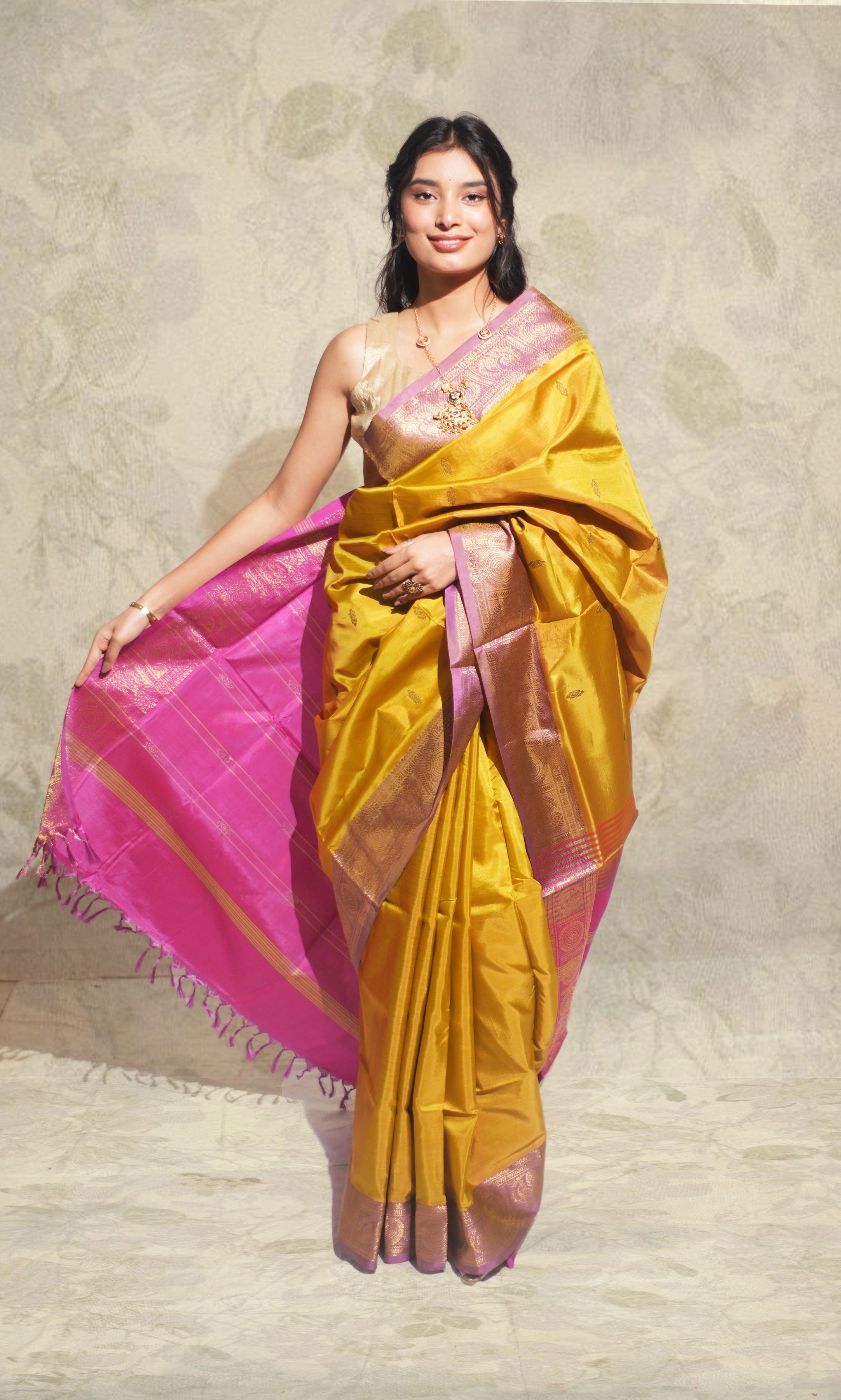 Lemon Green And Pink  Banana Silk Saree