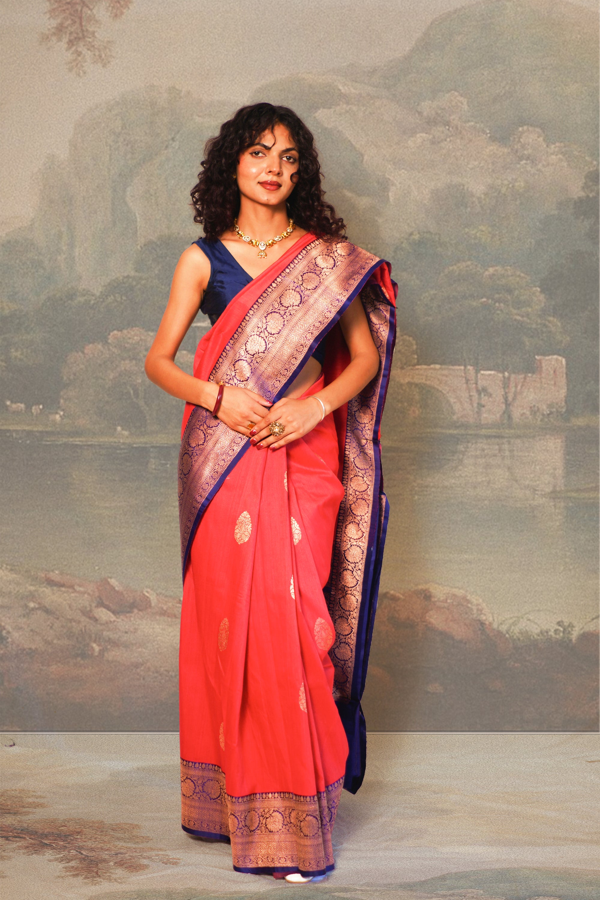 Amarnath Red with Royal Blue Contrast Tussar Silk Saree With Blouse Piece