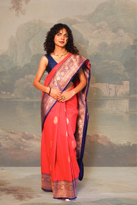 Amarnath Red with Royal Blue Contrast Tussar Silk Saree With Blouse Piece