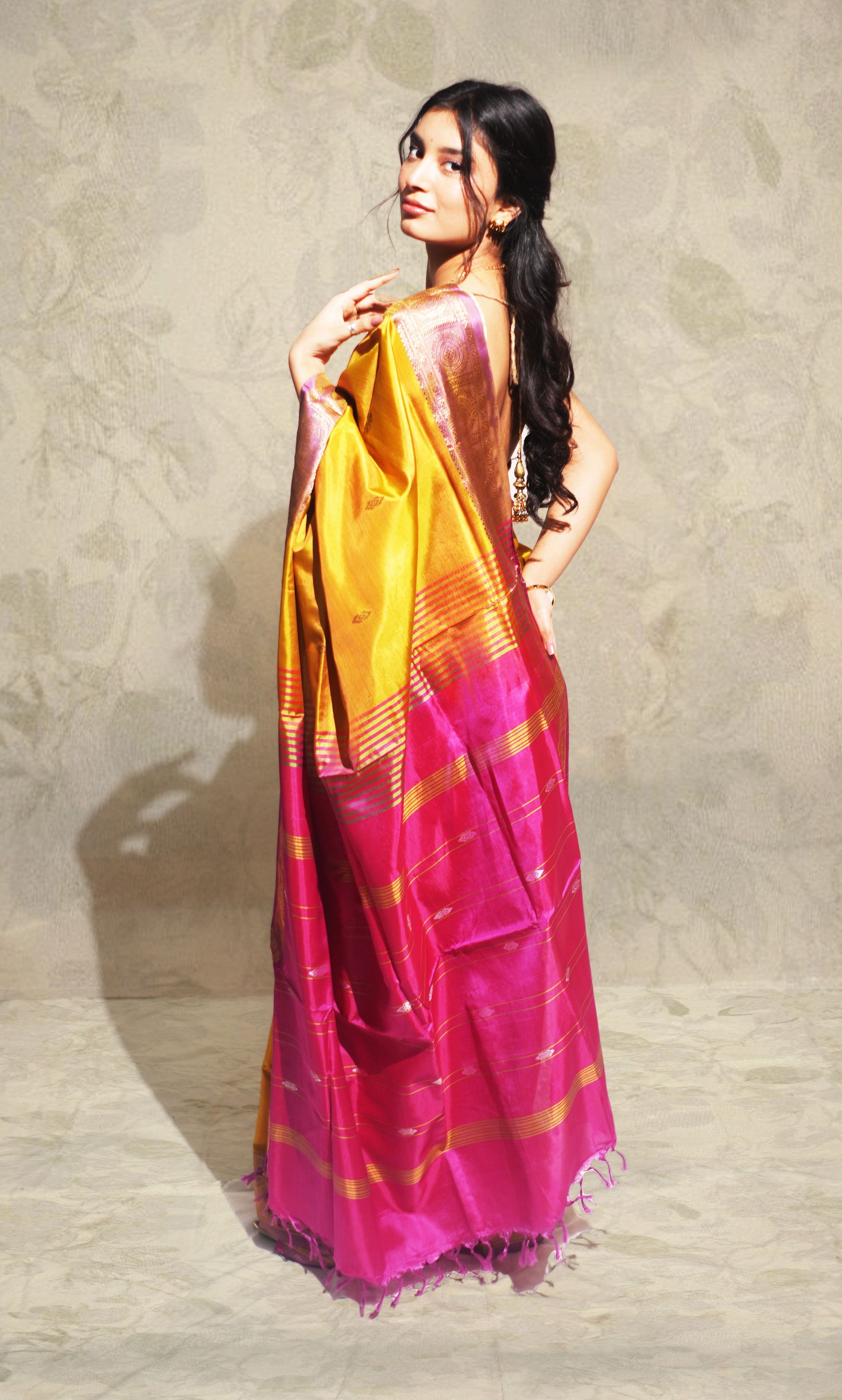 Lemon Green And Pink  Banana Silk Saree