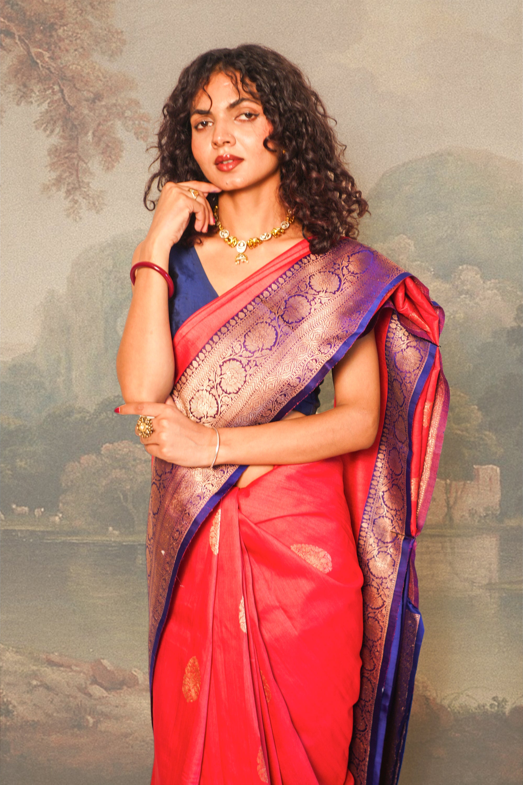 Amarnath Red with Royal Blue Contrast Tussar Silk Saree With Blouse Piece
