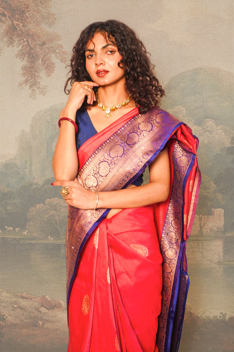 Amarnath Red with Royal Blue Contrast Tussar Silk Saree With Blouse Piece