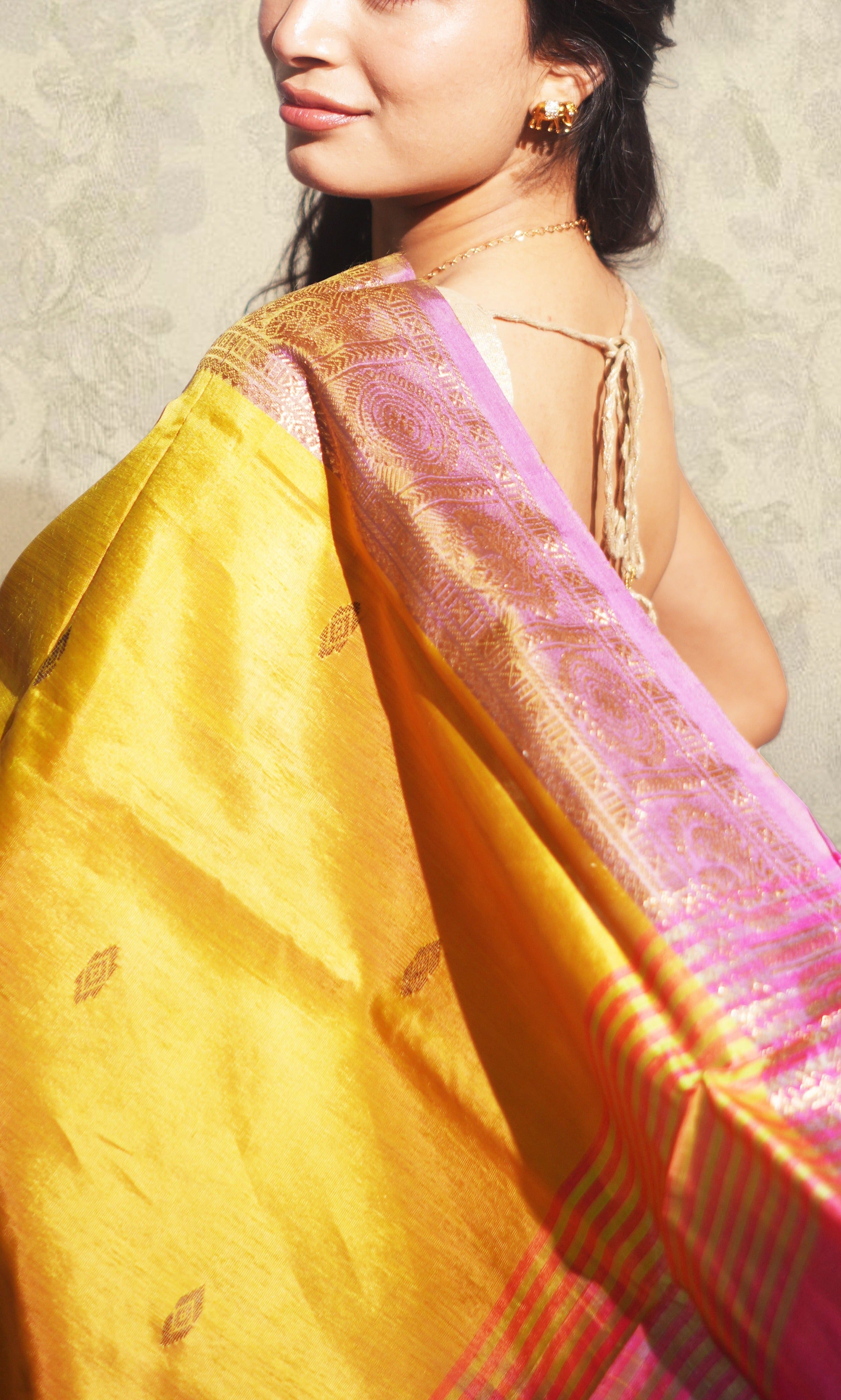 Lemon Green And Pink  Banana Silk Saree