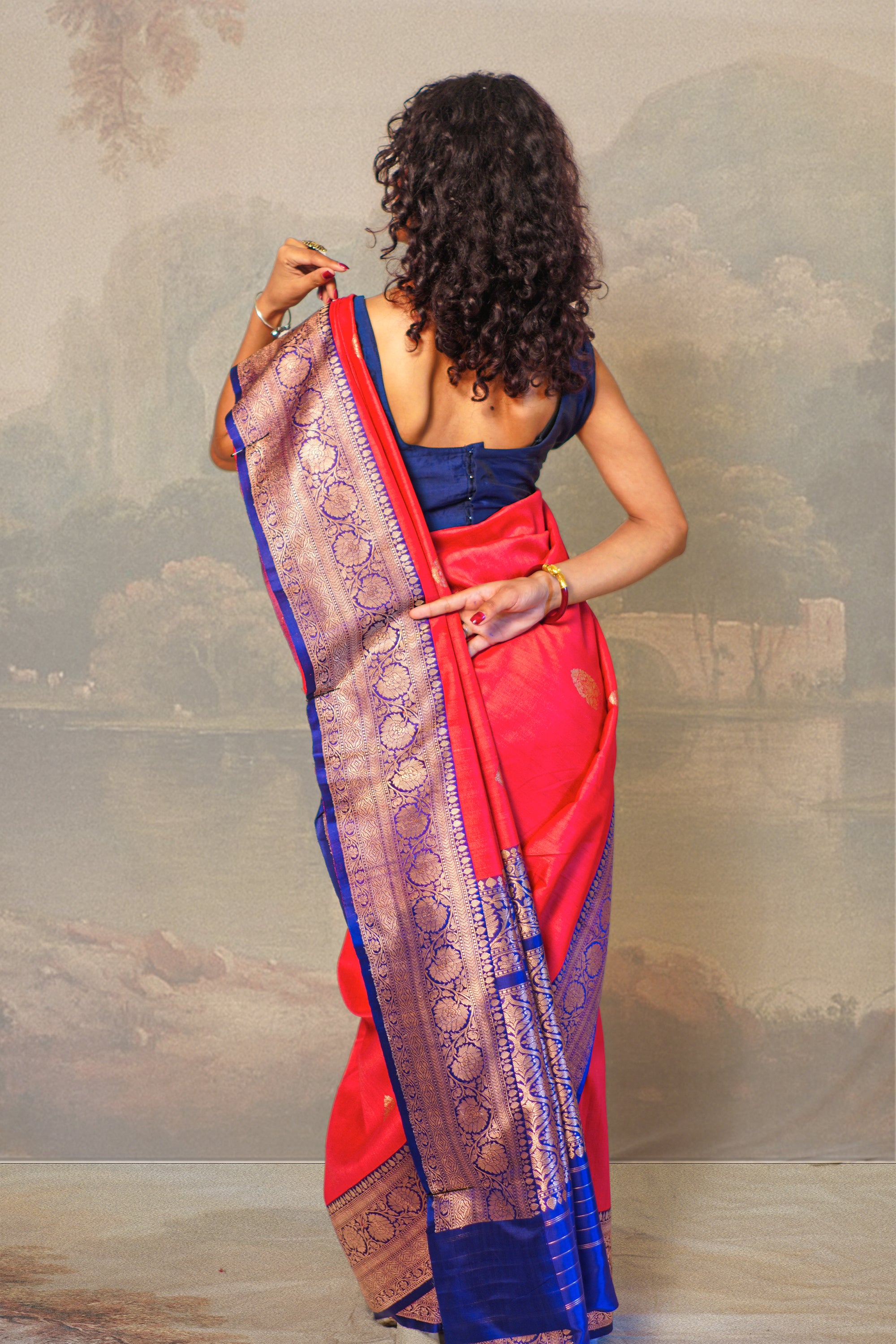 Amarnath Red with Royal Blue Contrast Tussar Silk Saree With Blouse Piece