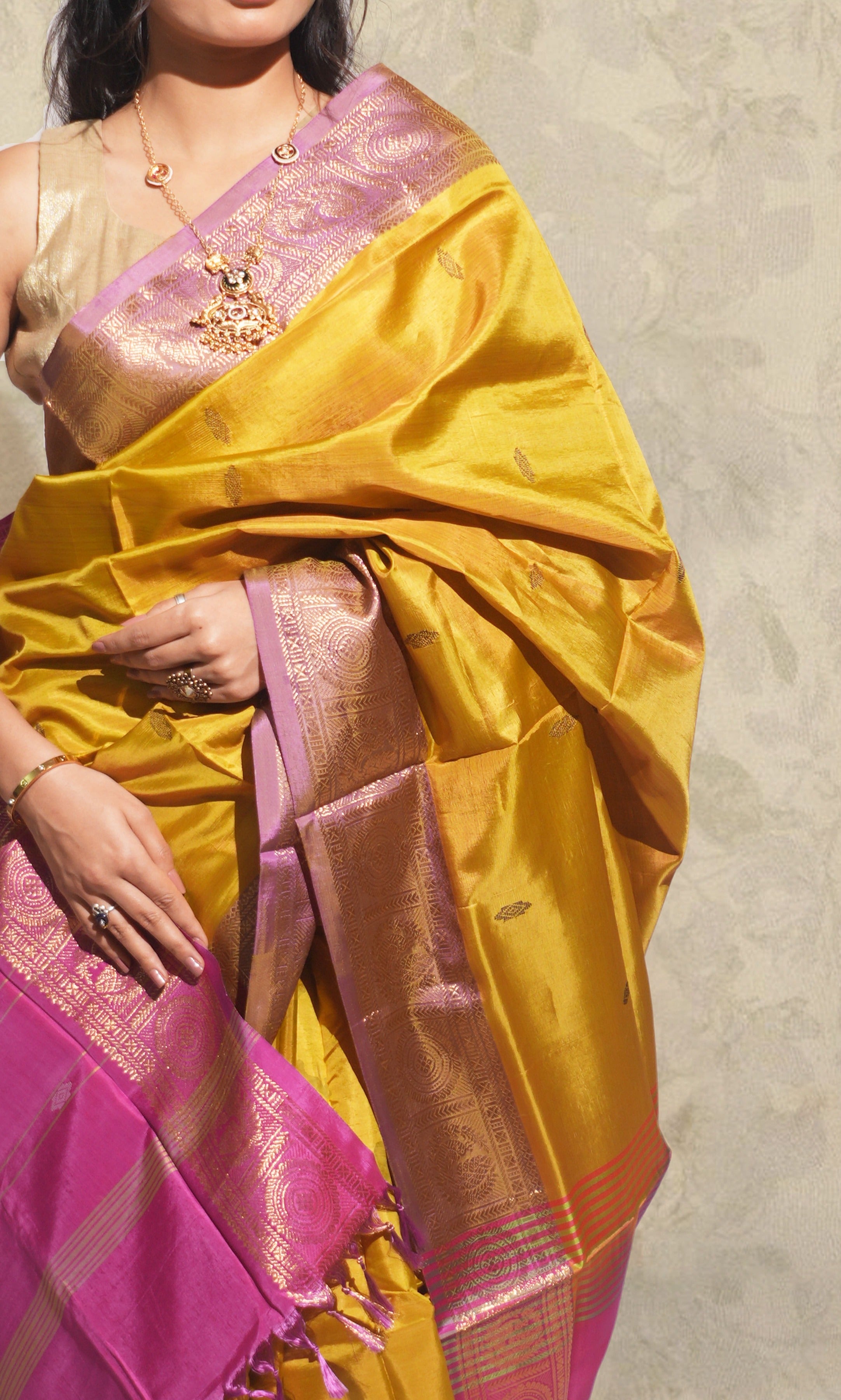 Lemon Green And Pink  Banana Silk Saree