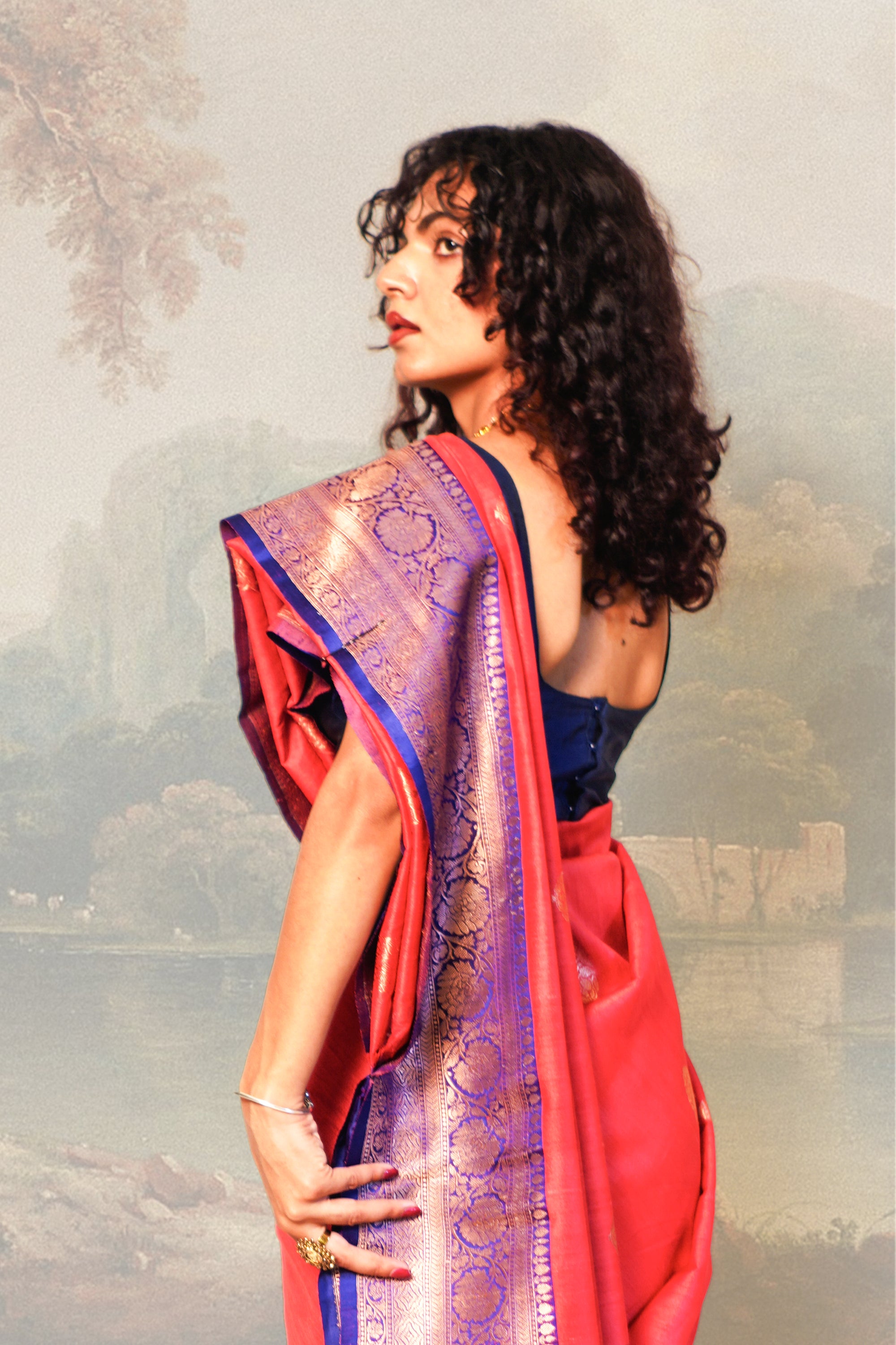 Amarnath Red with Royal Blue Contrast Tussar Silk Saree With Blouse Piece