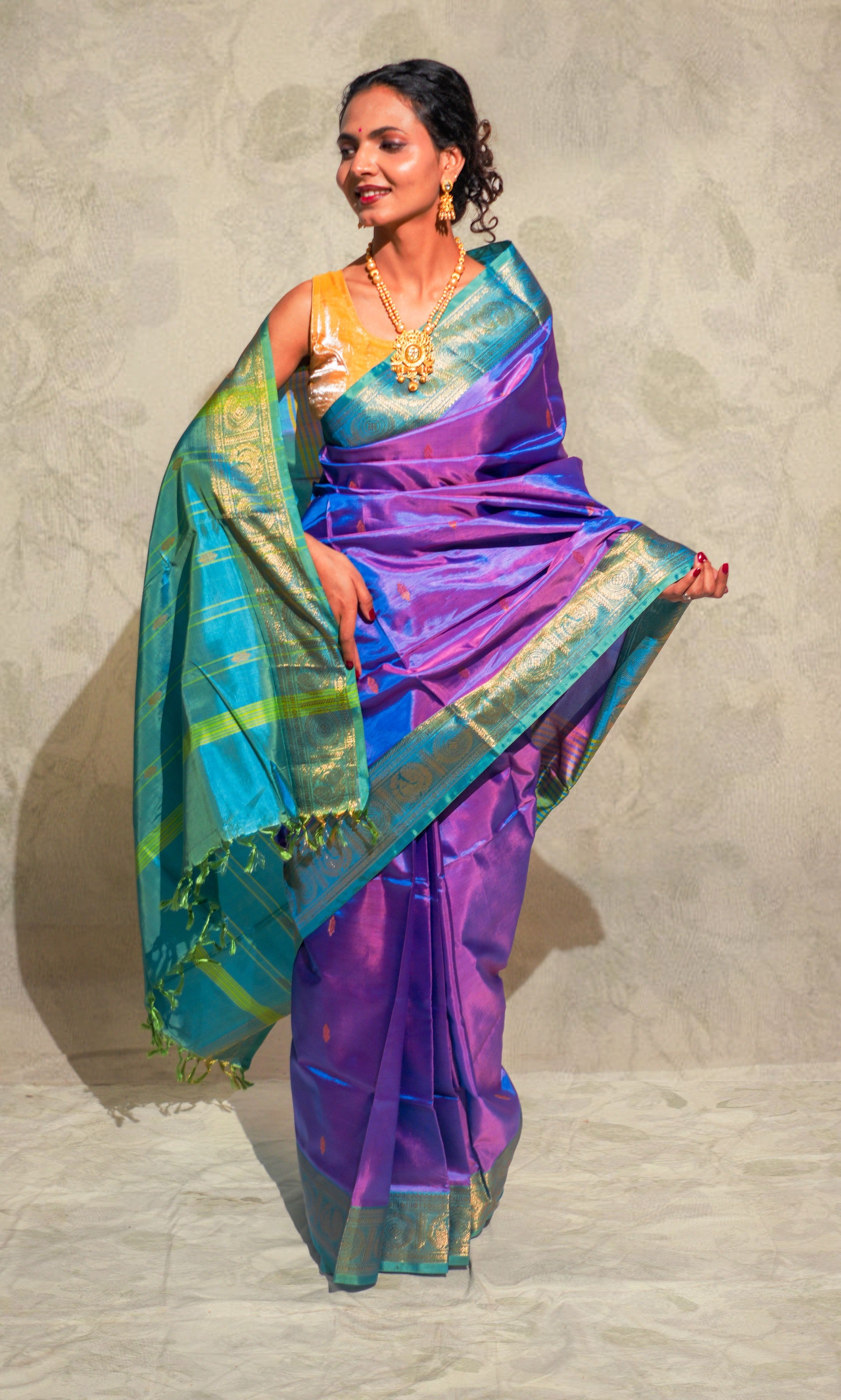 Purple And Firozi Banana Silk Saree
