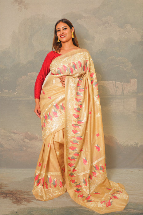 Peach White & Grey Color Tulips Embroidered on Tussar Silk Saree With Blouse Piece