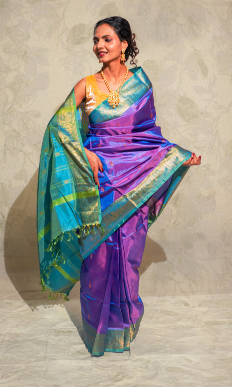 Purple And Firozi Banana Silk Saree