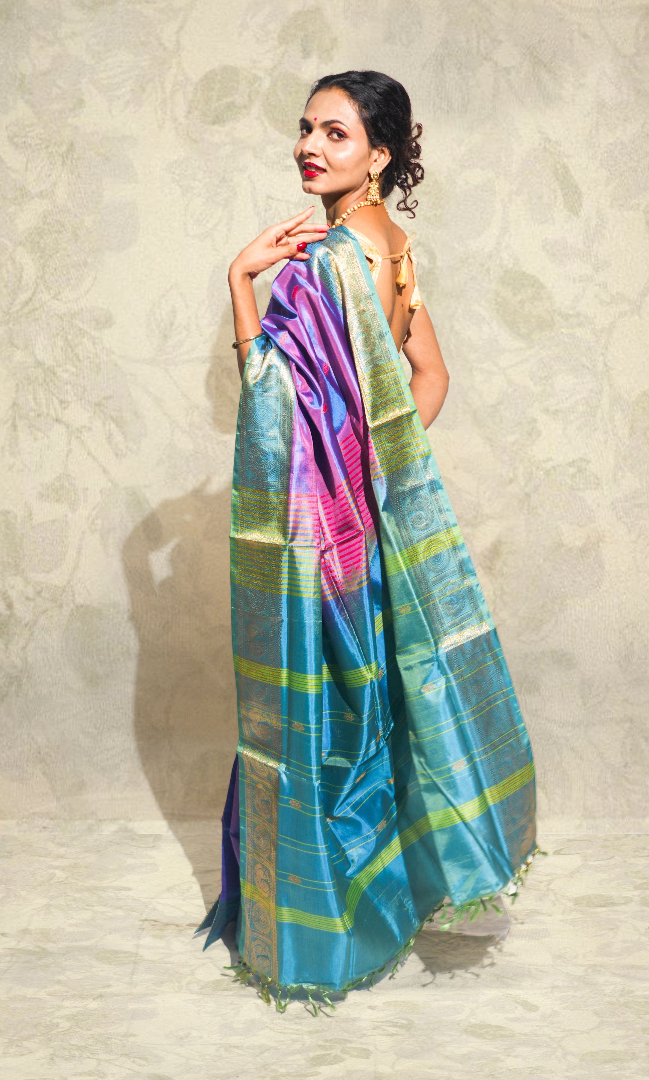 Purple And Firozi Banana Silk Saree