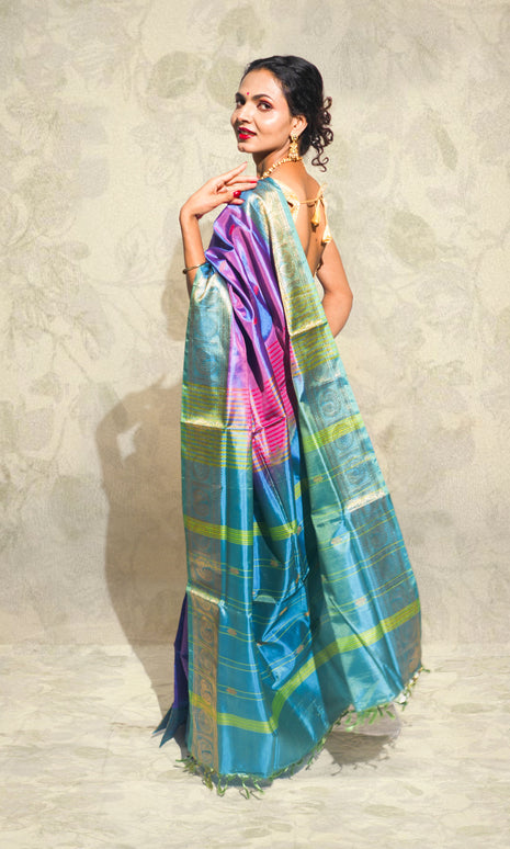Purple And Firozi Banana Silk Saree