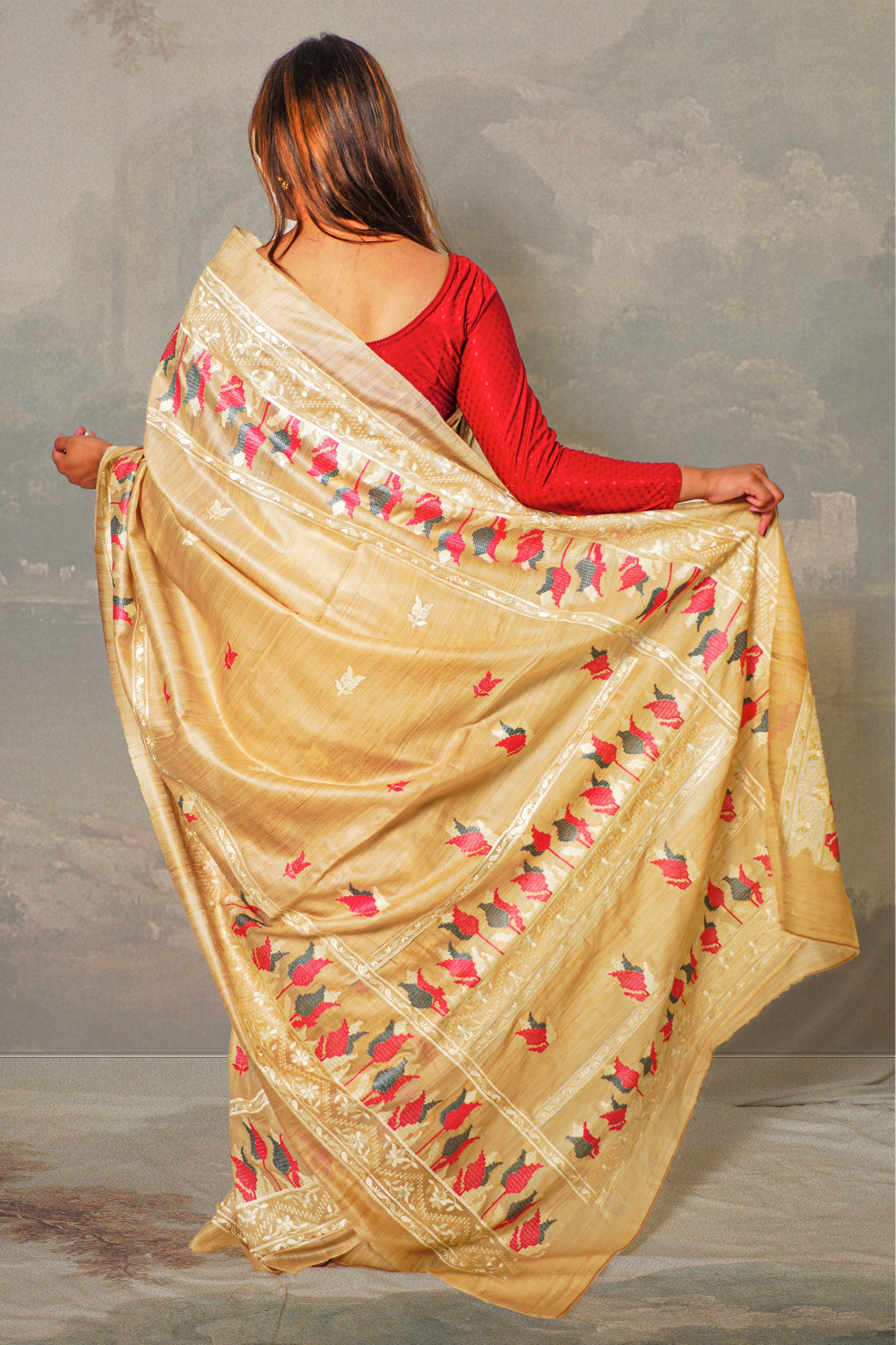 Peach White & Grey Color Tulips Embroidered on Tussar Silk Saree With Blouse Piece