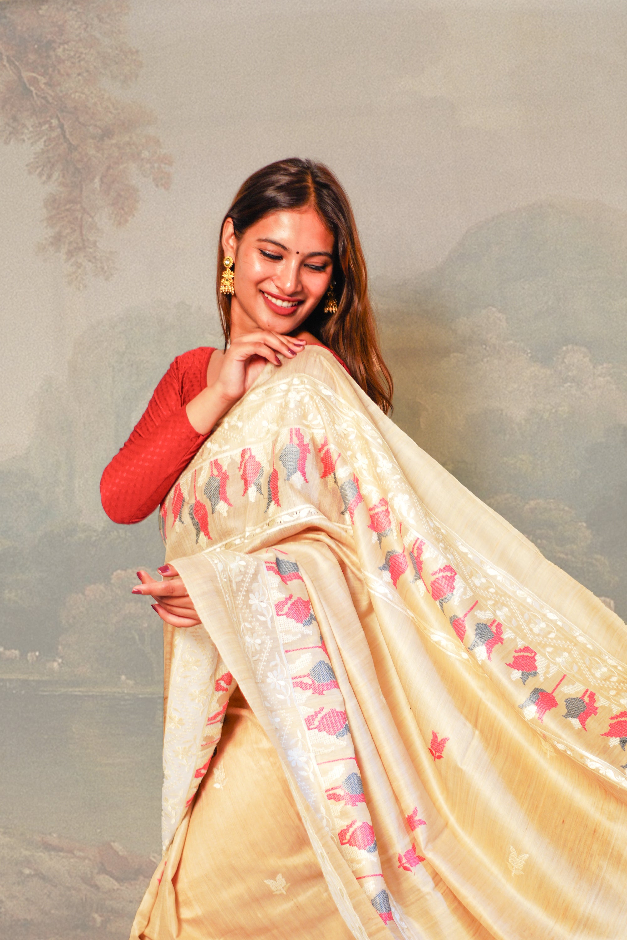 Peach White & Grey Color Tulips Embroidered on Tussar Silk Saree With Blouse Piece