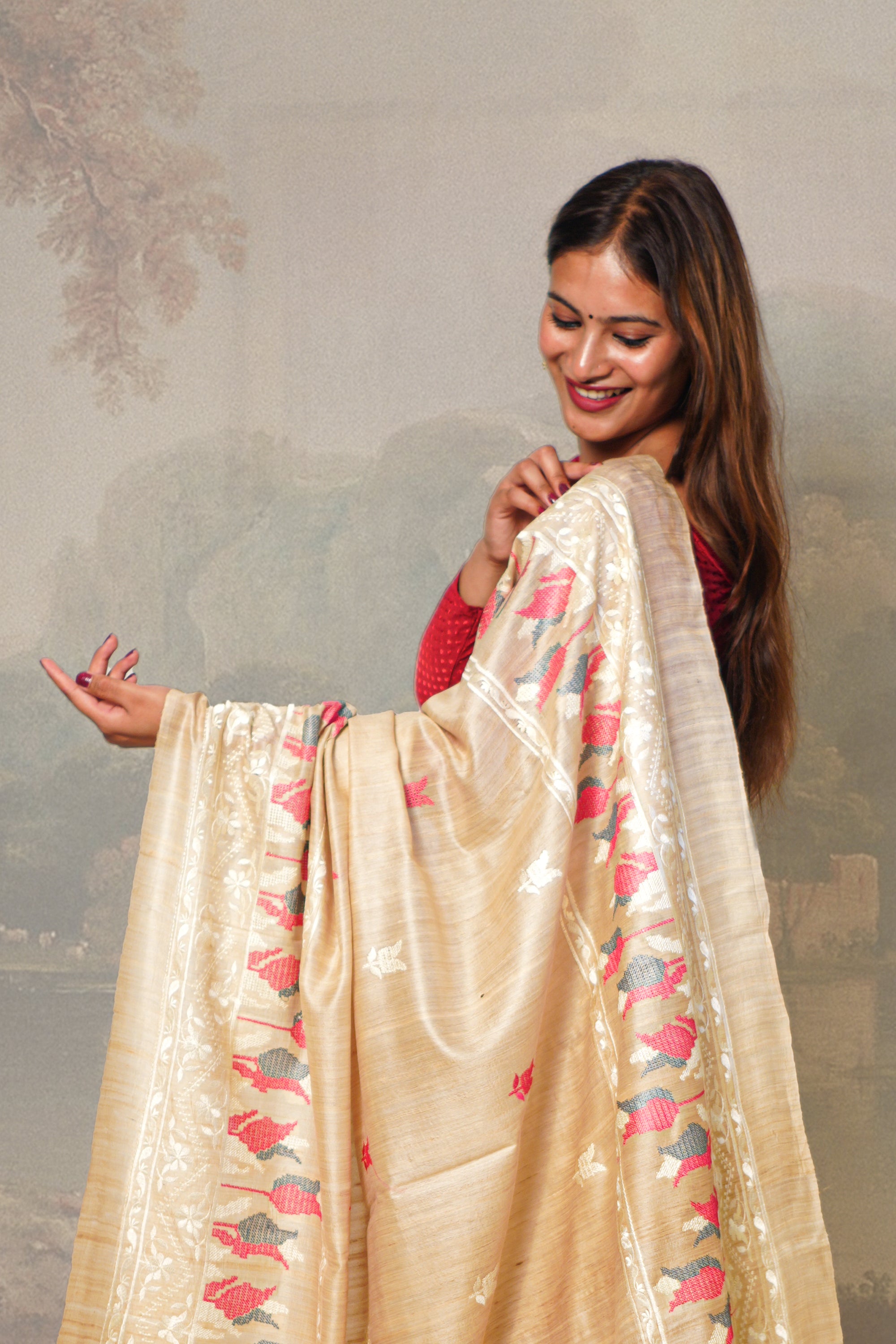 Peach White & Grey Color Tulips Embroidered on Tussar Silk Saree With Blouse Piece