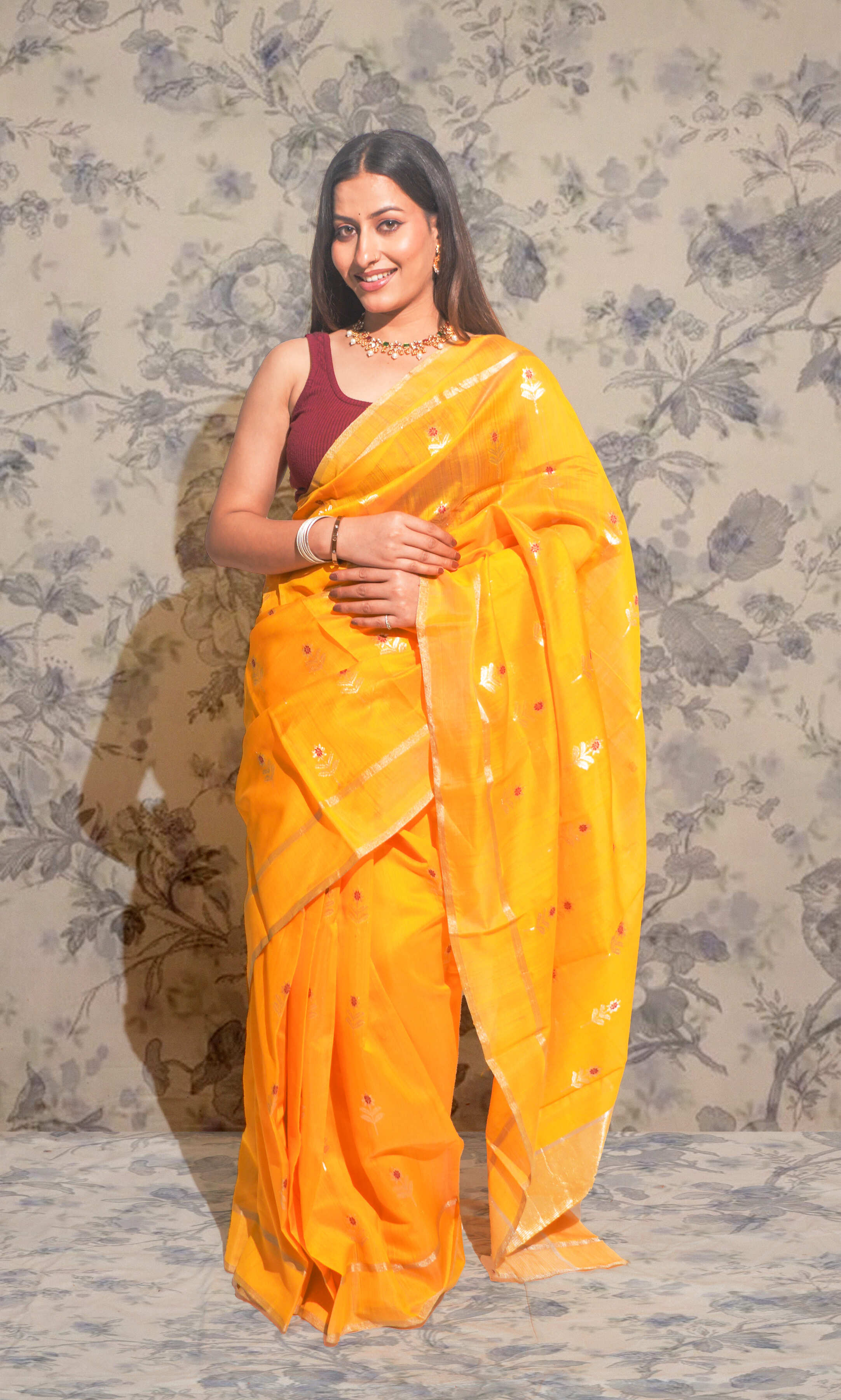 Deep Yellow And Silver Butti Chanderi Silk Saree