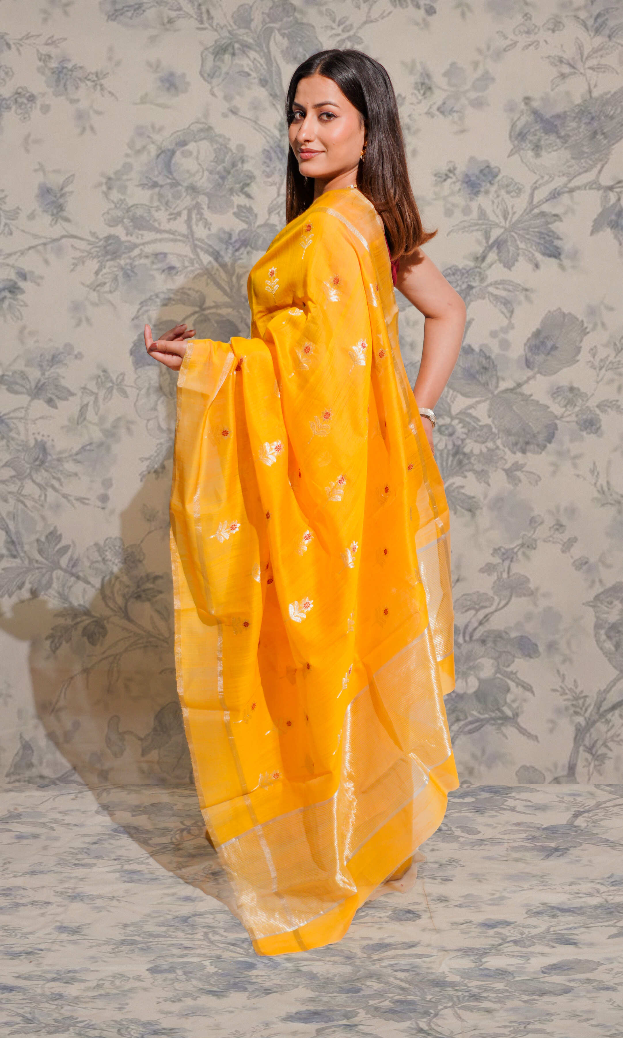 Deep Yellow And Silver Butti Chanderi Silk Saree