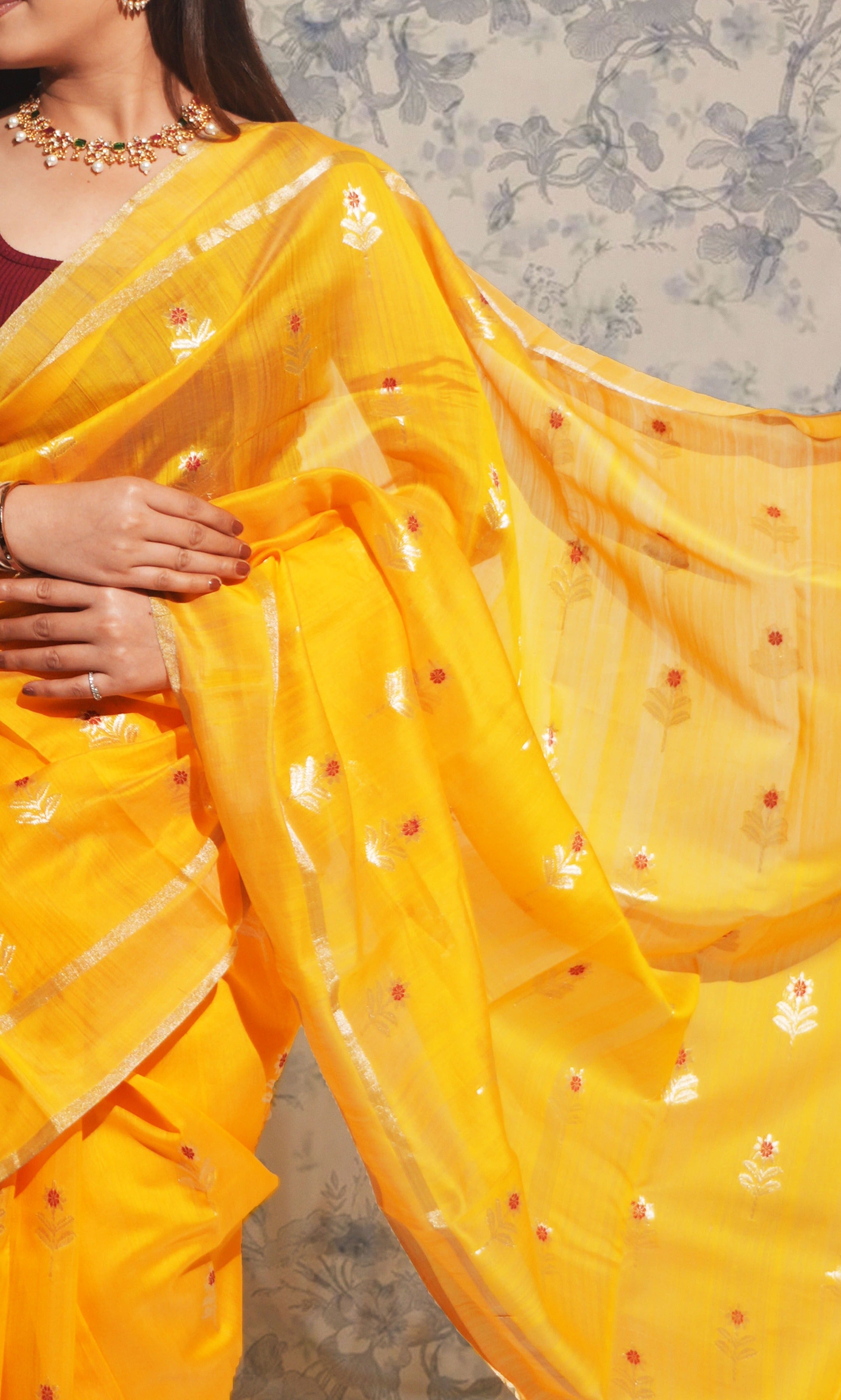 Deep Yellow And Silver Butti Chanderi Silk Saree