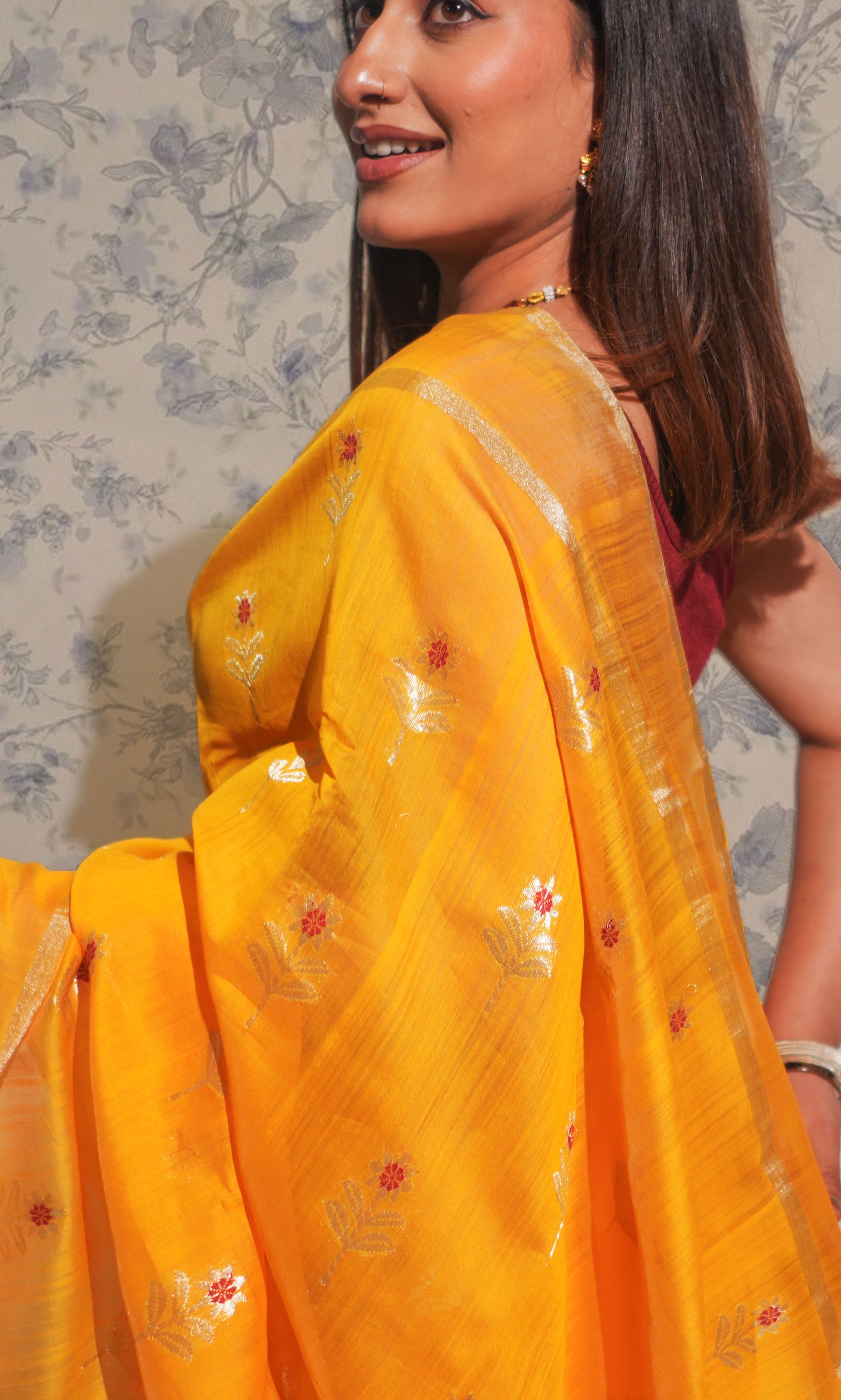 Deep Yellow And Silver Butti Chanderi Silk Saree