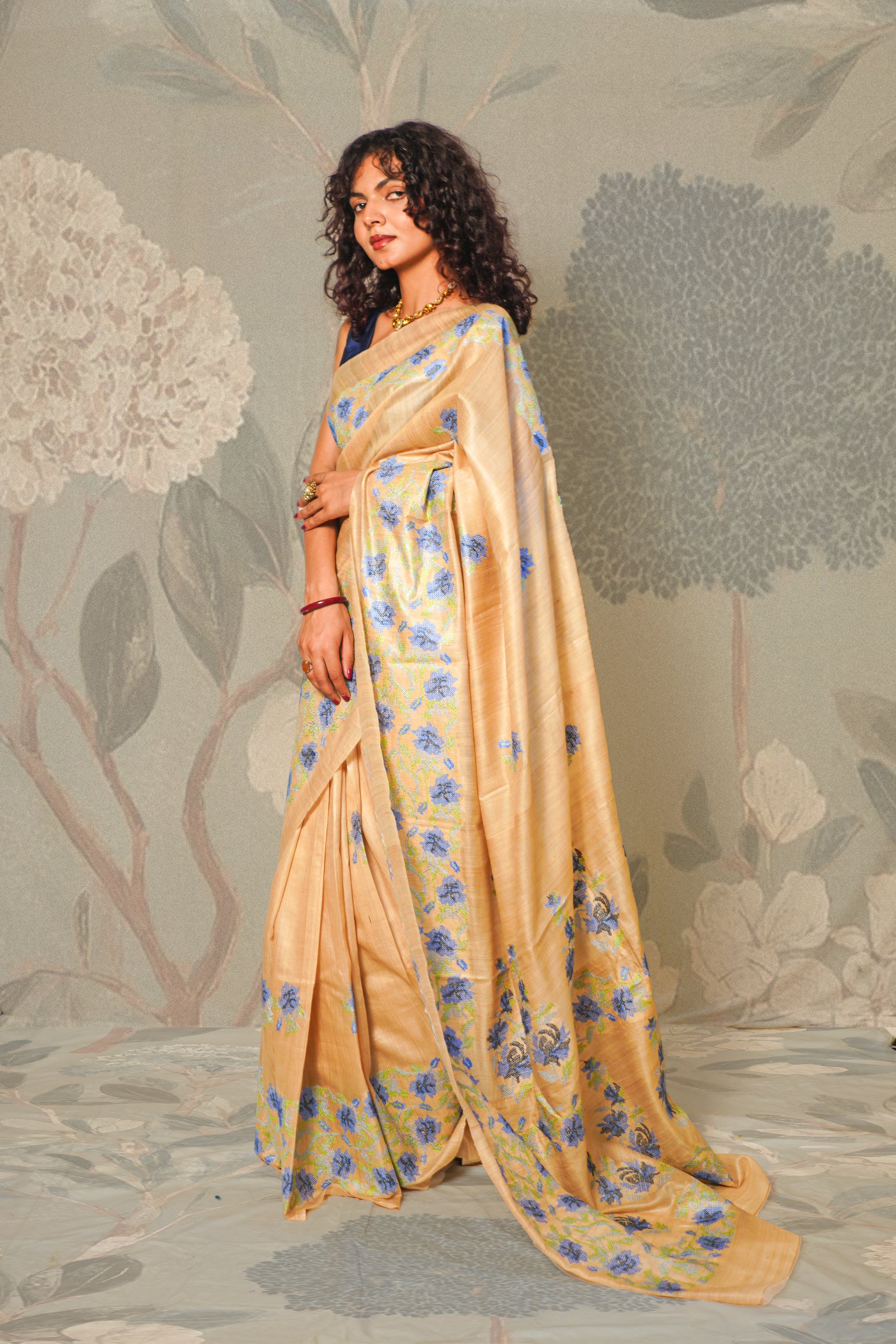 Teal Blue Flowers Embroidery on Natural Soft Tussar Silk Saree With Blouse Piece