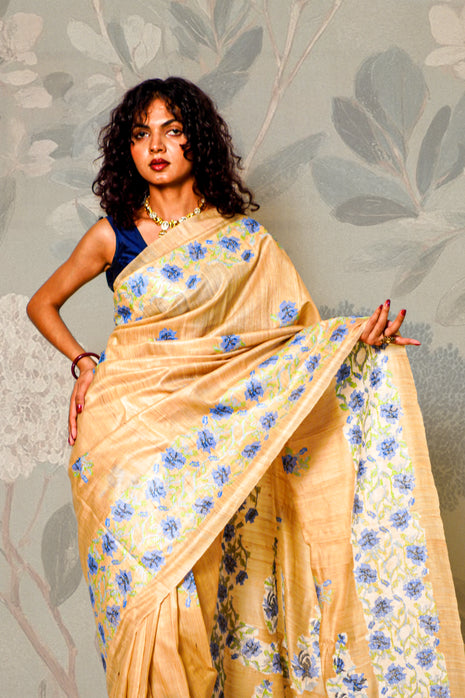 Teal Blue Flowers Embroidery on Natural Soft Tussar Silk Saree With Blouse Piece