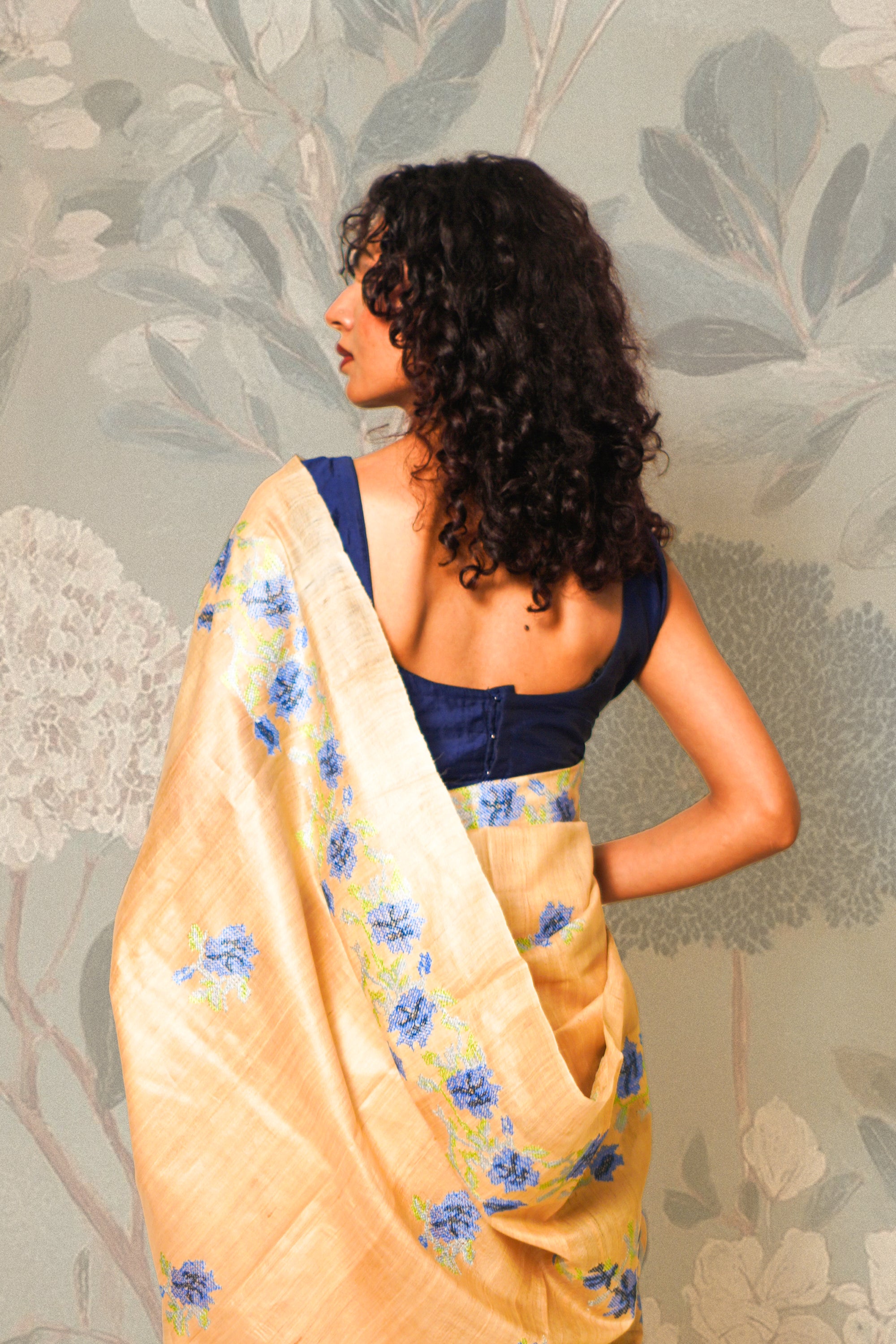 Teal Blue Flowers Embroidery on Natural Soft Tussar Silk Saree With Blouse Piece