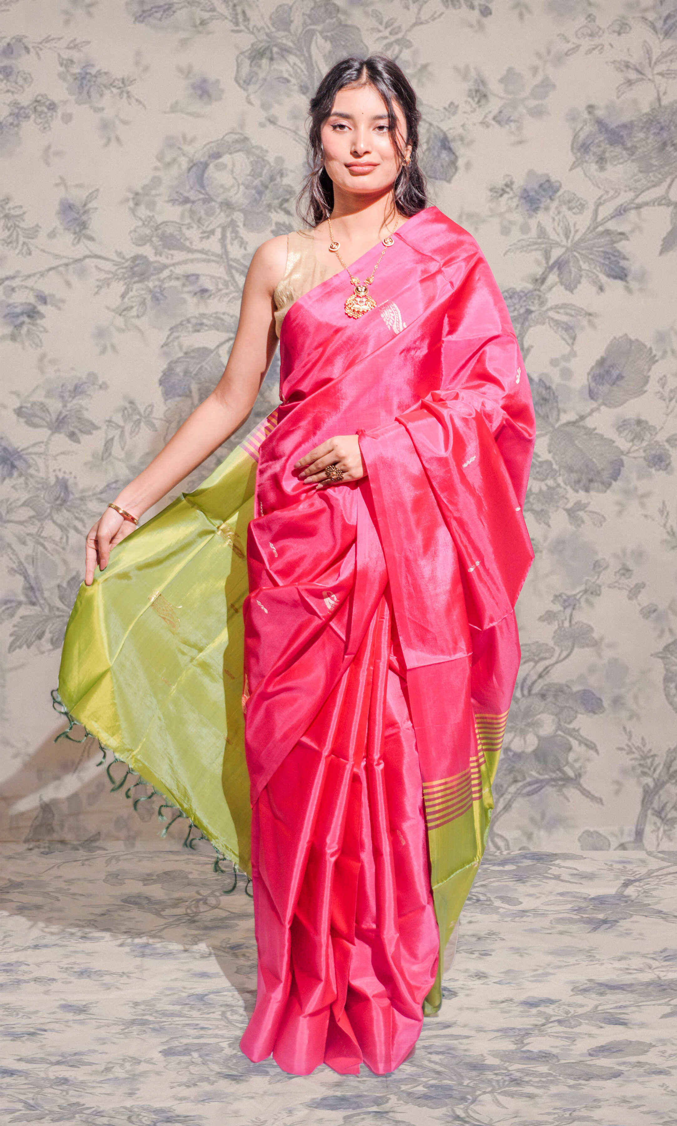 Amarnath Pink And Dark Pista Green  Banana Silk Saree