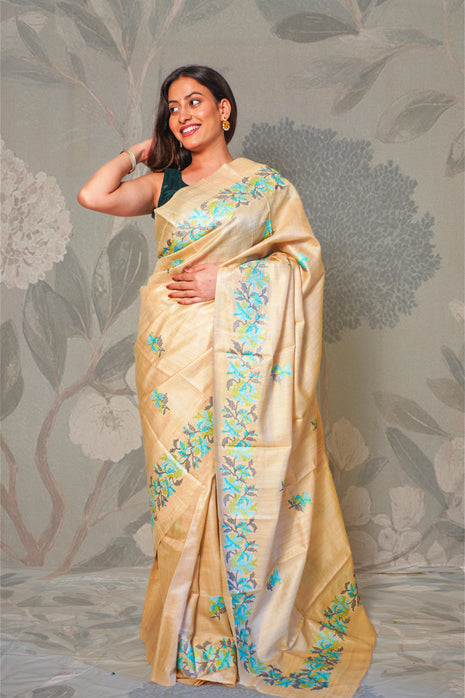Sea Green & Grey Color Lilies Embroidered on Tussar Silk Saree With Blouse Piece