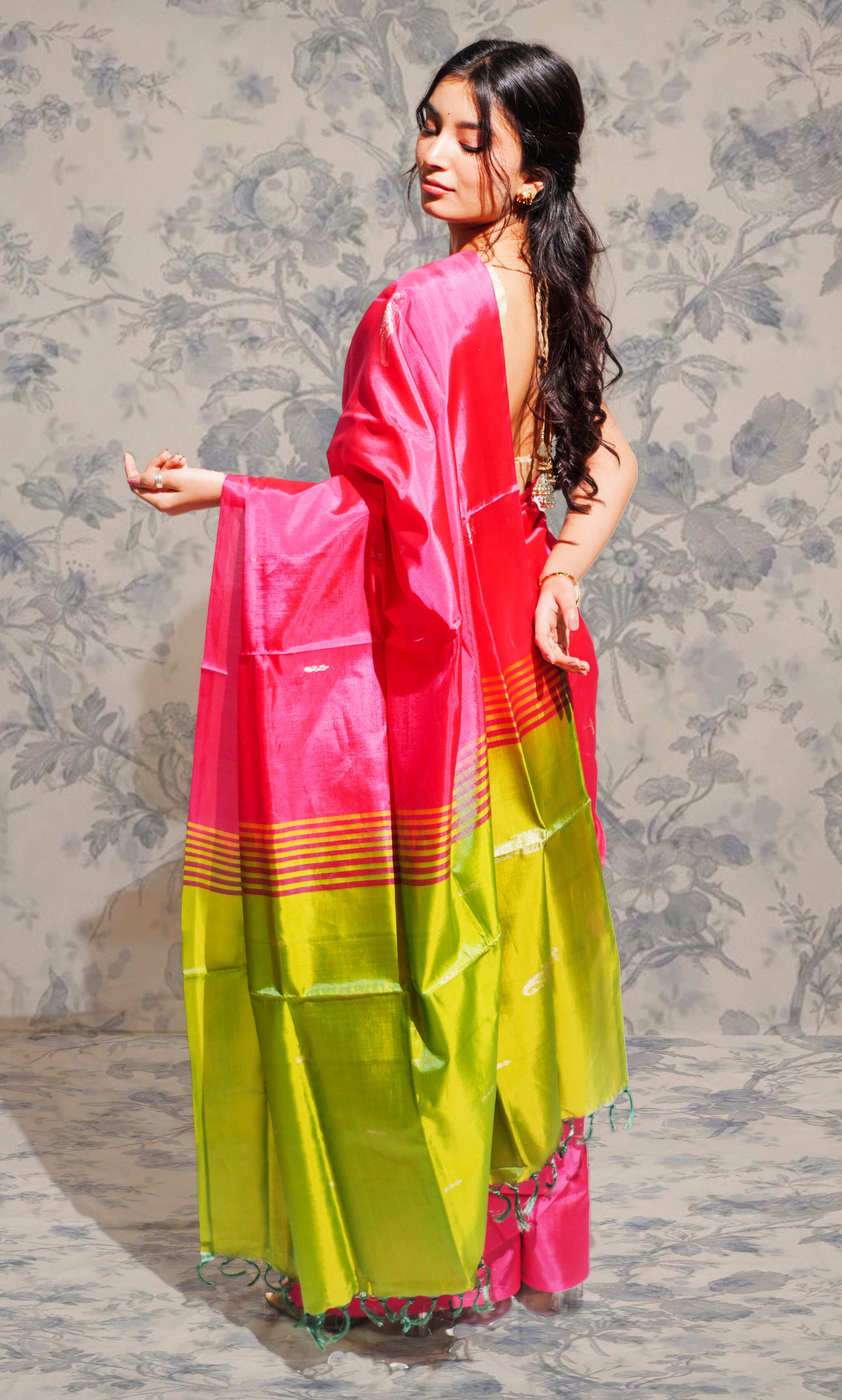 Amarnath Pink And Dark Pista Green  Banana Silk Saree