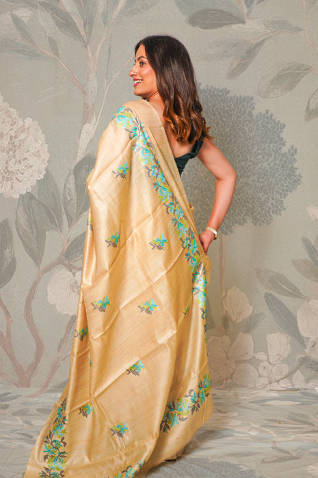 Sea Green & Grey Color Lilies Embroidered on Tussar Silk Saree With Blouse Piece