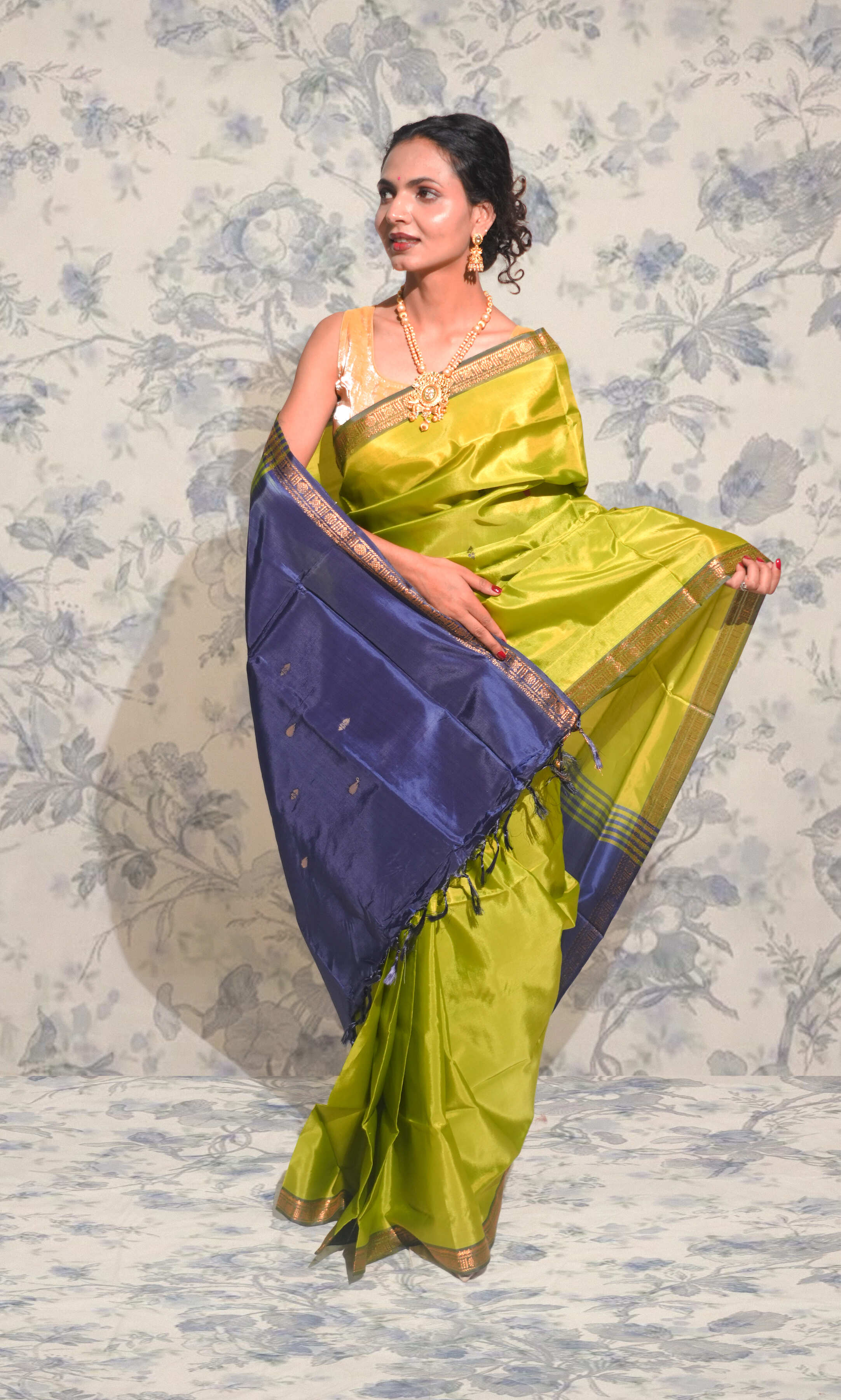 Olive Green And Deep Blue Banana Silk Saree