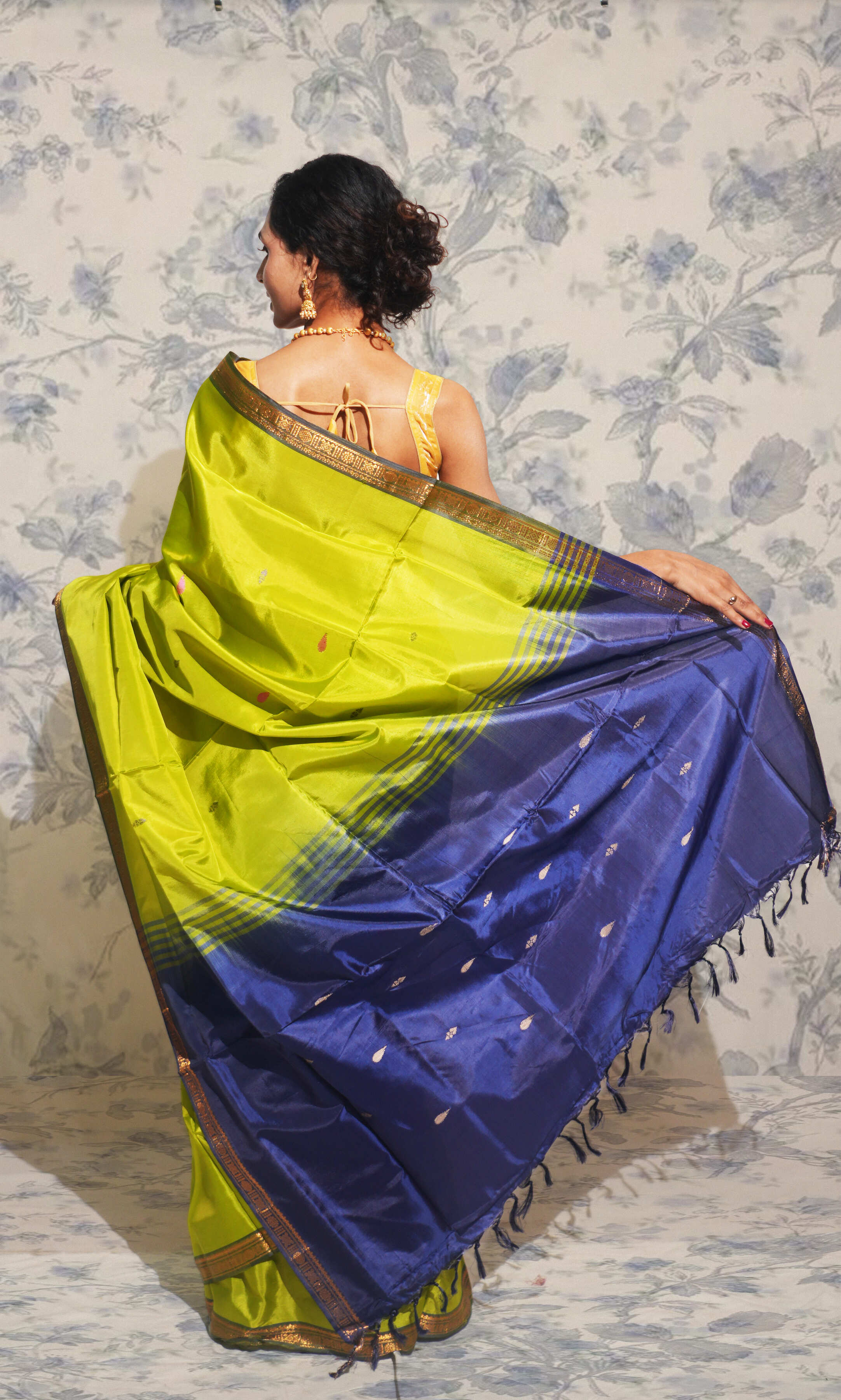Olive Green And Deep Blue Banana Silk Saree