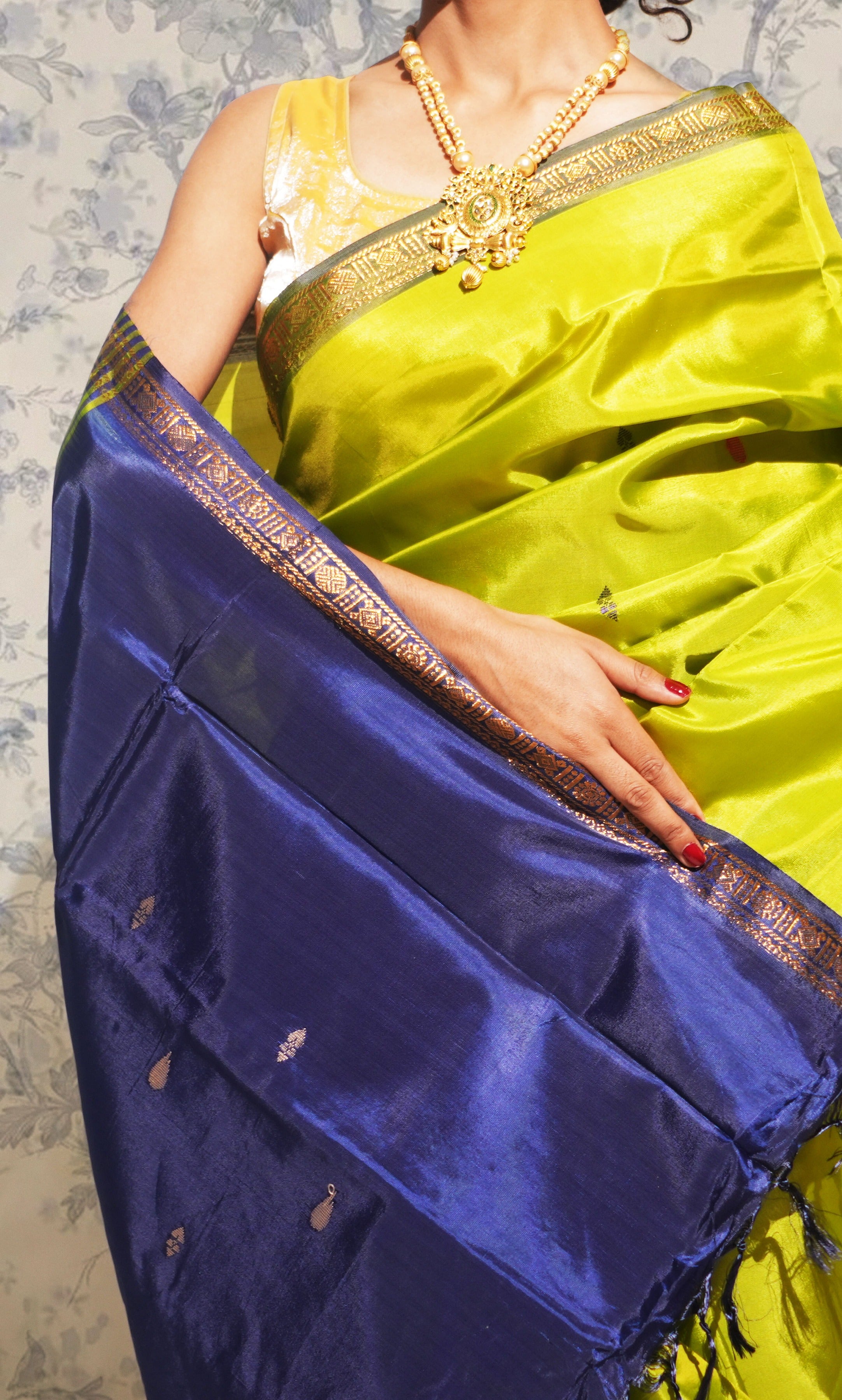 Olive Green And Deep Blue Banana Silk Saree