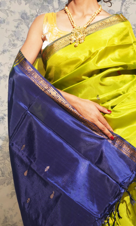 Olive Green And Deep Blue Banana Silk Saree
