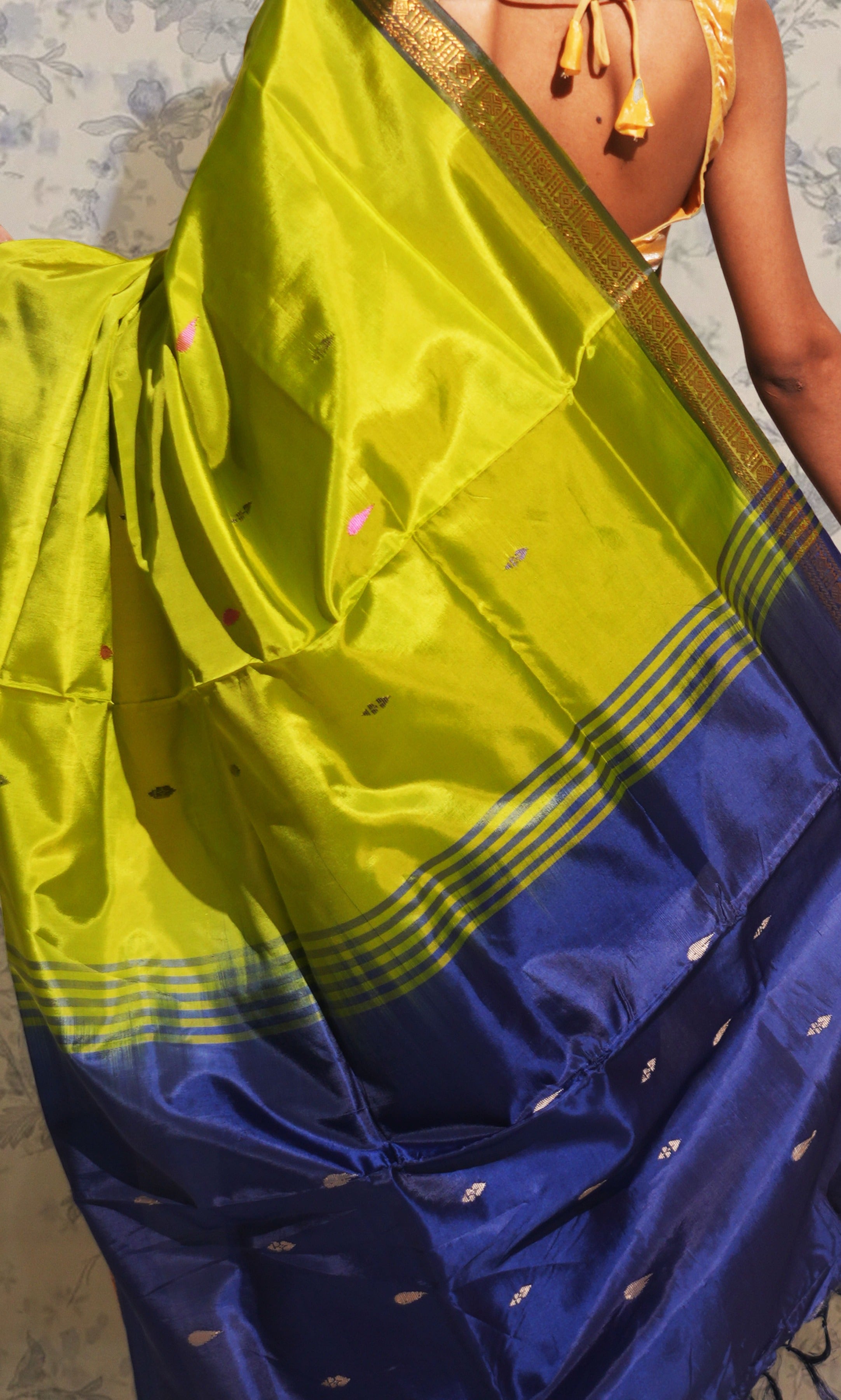 Olive Green And Deep Blue Banana Silk Saree