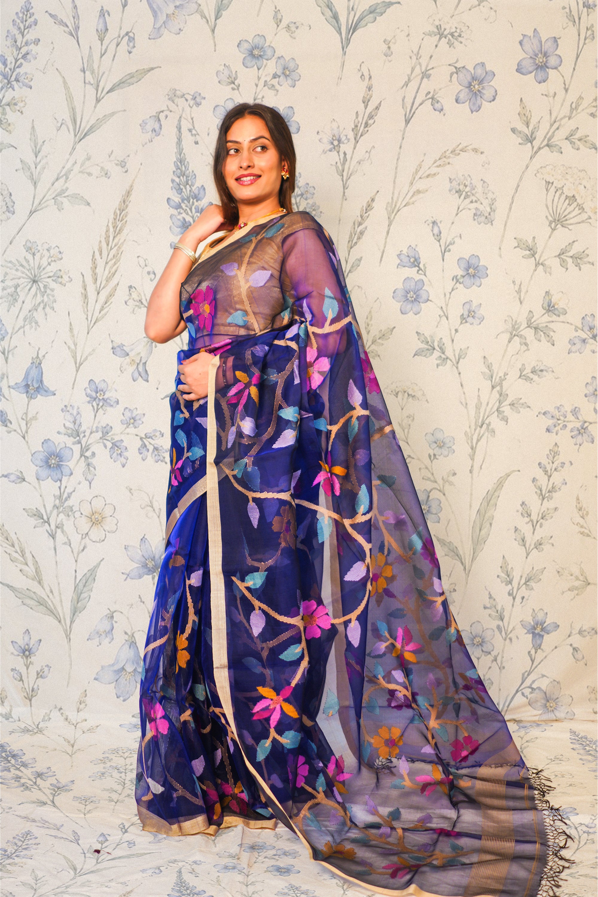 Navy Blue Organza Jamdani with Silver Zari work