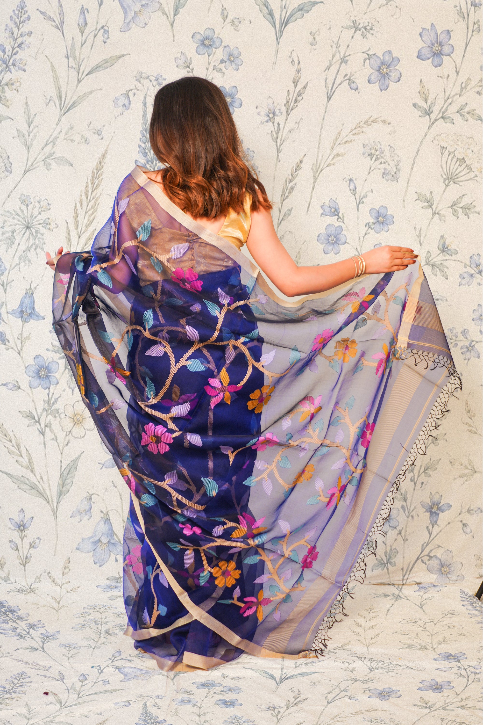 Navy Blue Organza Jamdani with Silver Zari work