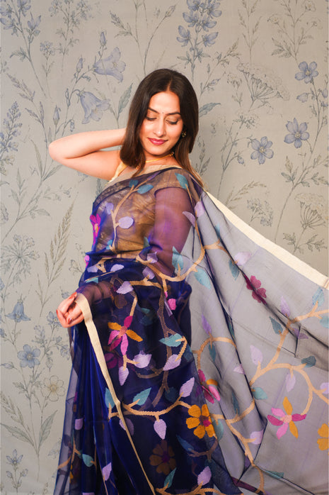 Navy Blue Organza Jamdani with Silver Zari work