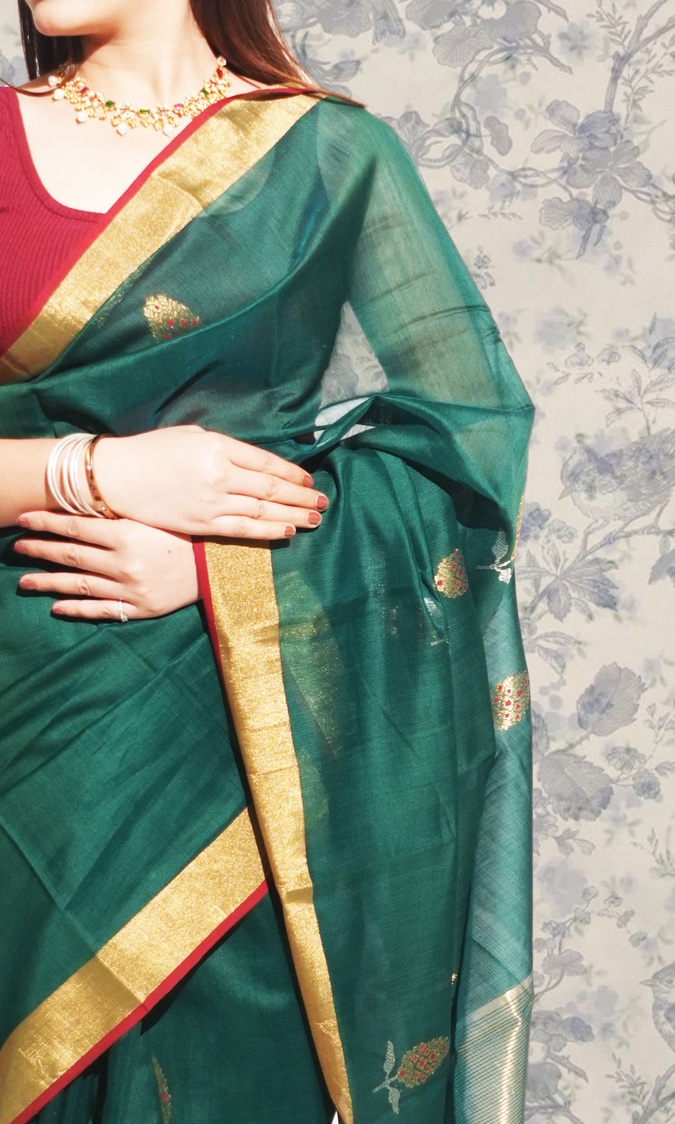 Teel Green And Gold Border Chanderi Silk Saree