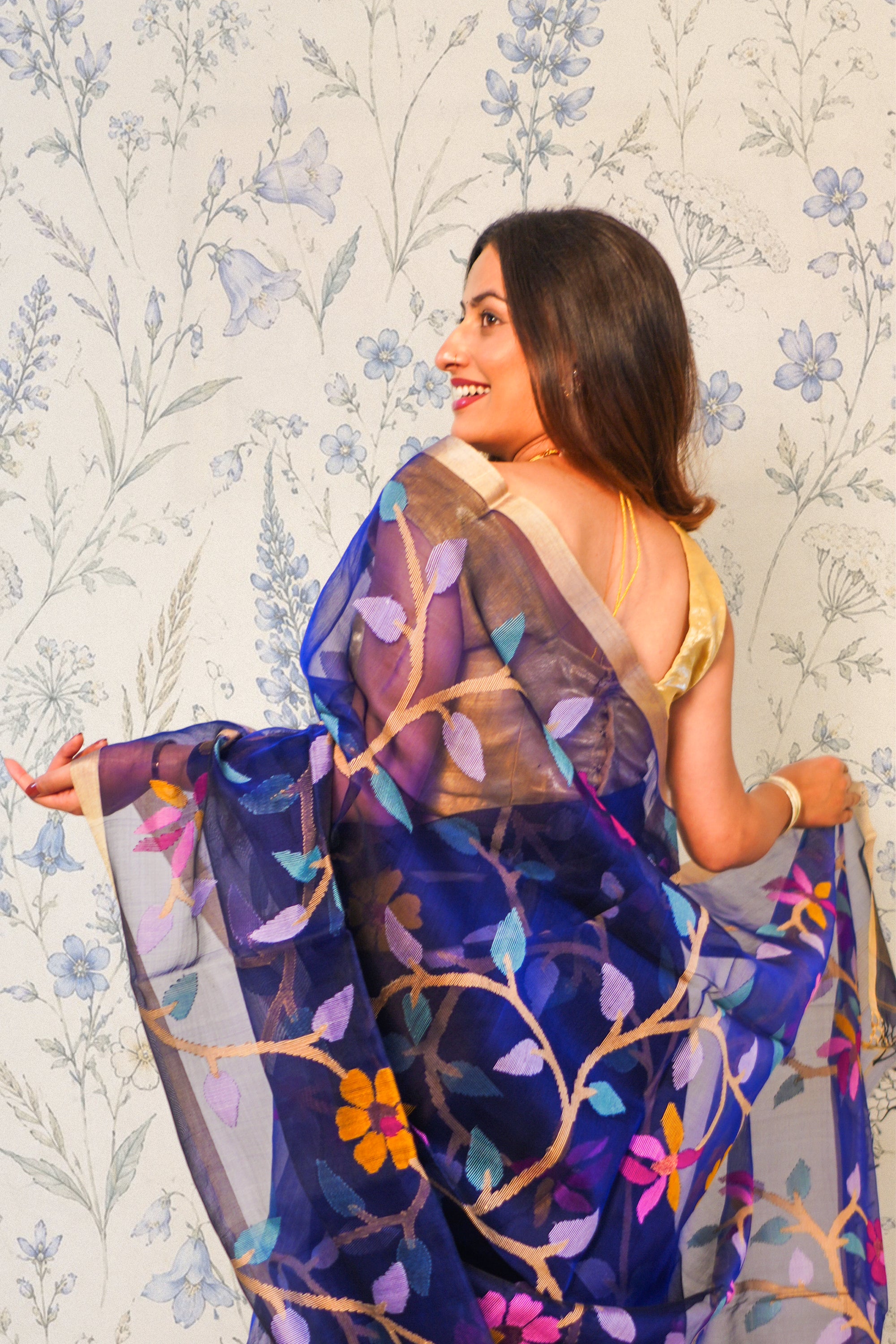 Navy Blue Organza Jamdani with Silver Zari work