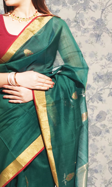 Teel Green And Gold Border Chanderi Silk Saree