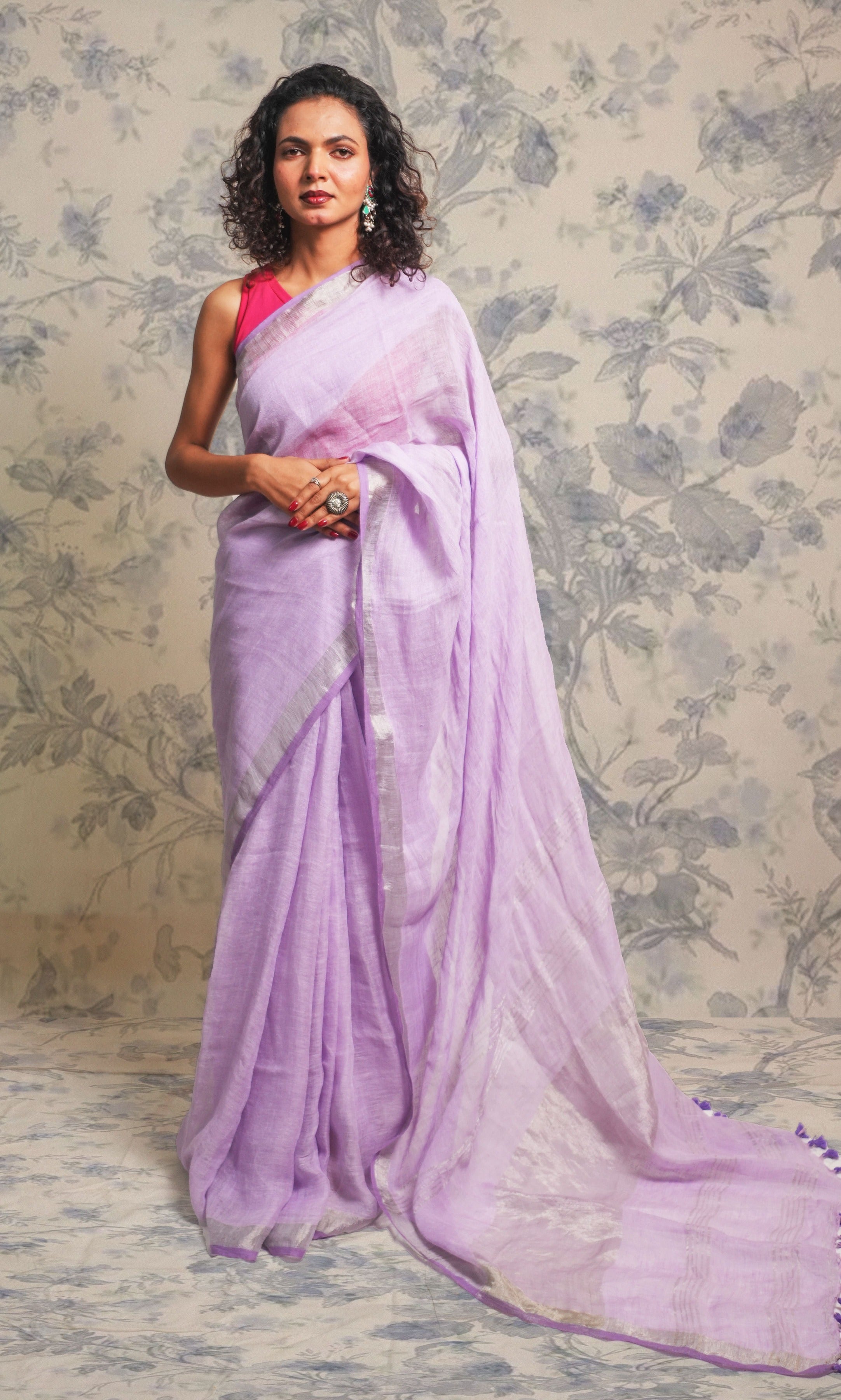 Lavender And Silver Border Linen Saree