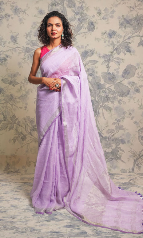 Lavender And Silver Border Linen Saree