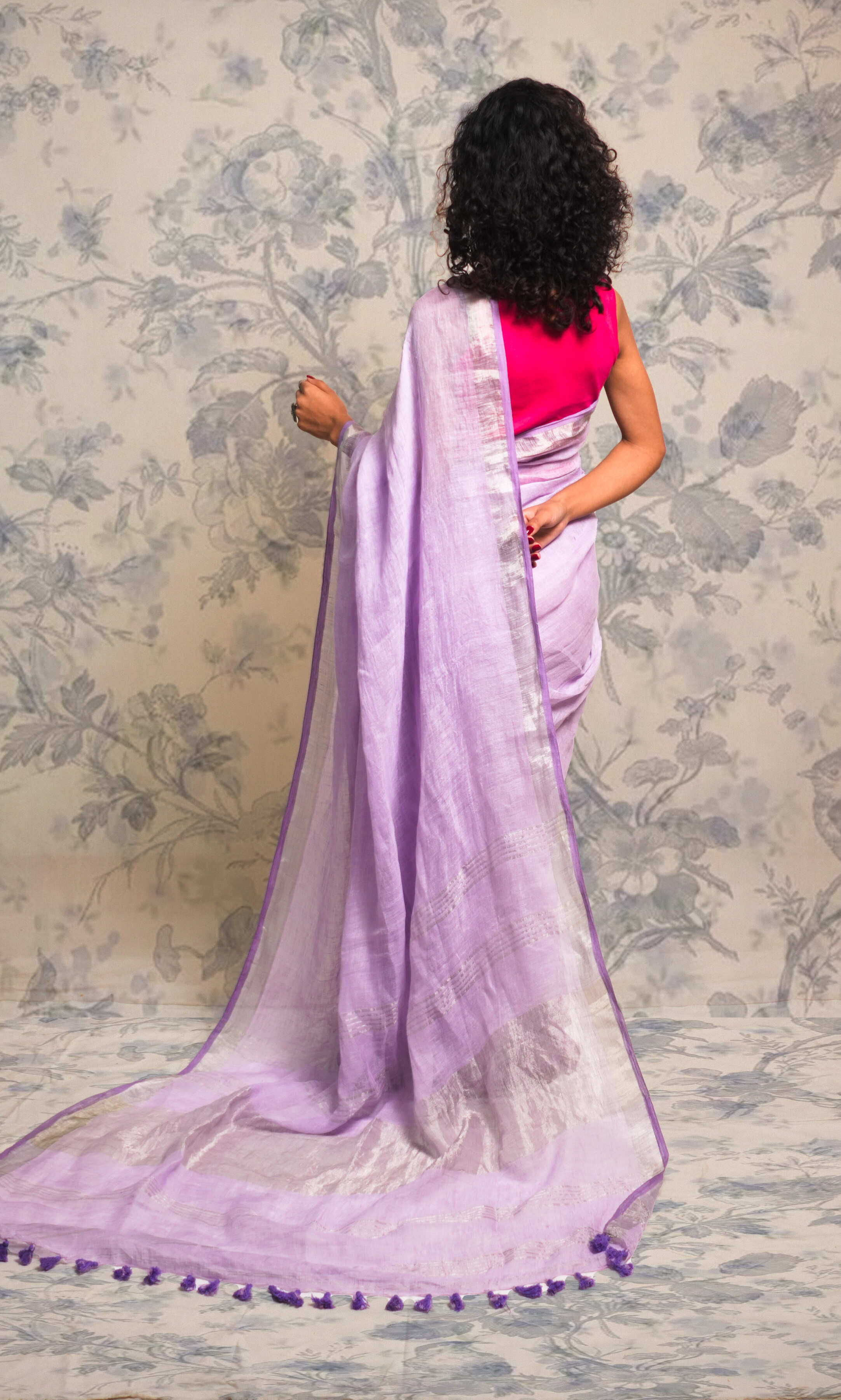 Lavender And Silver Border Linen Saree