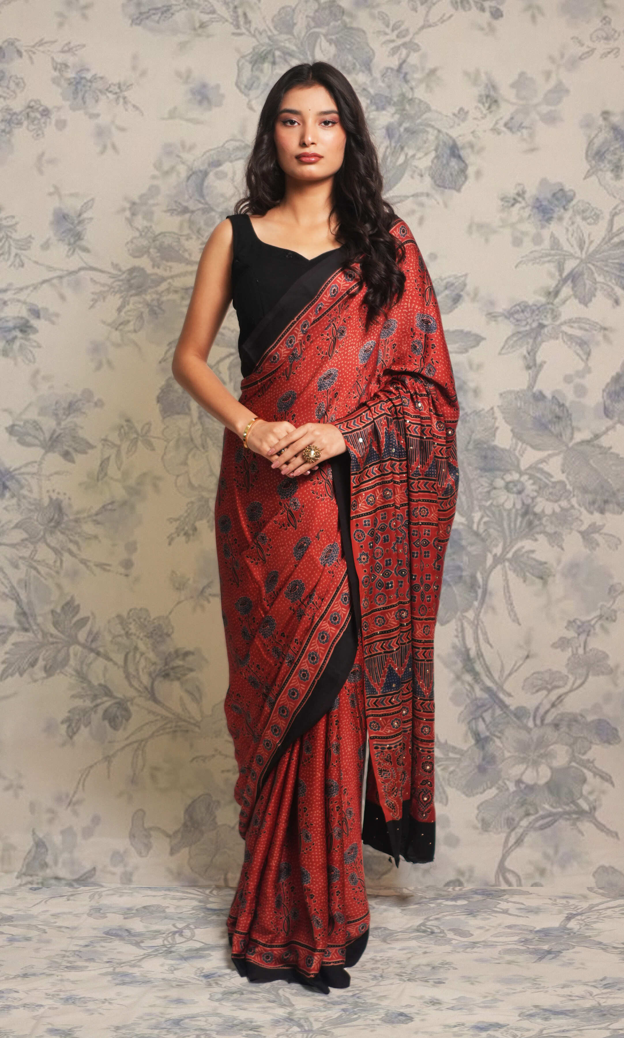 Maroon Ajrak Print Mukaish Work Modal Silk Saree