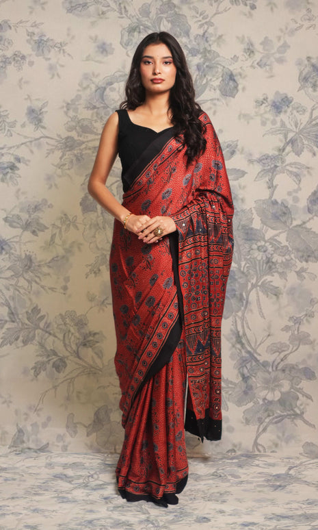 Maroon Ajrak Print Mukaish Work Modal Silk Saree