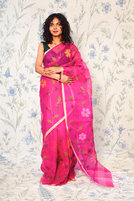 Hot Pink Organza Jamdani with Silver Zari work