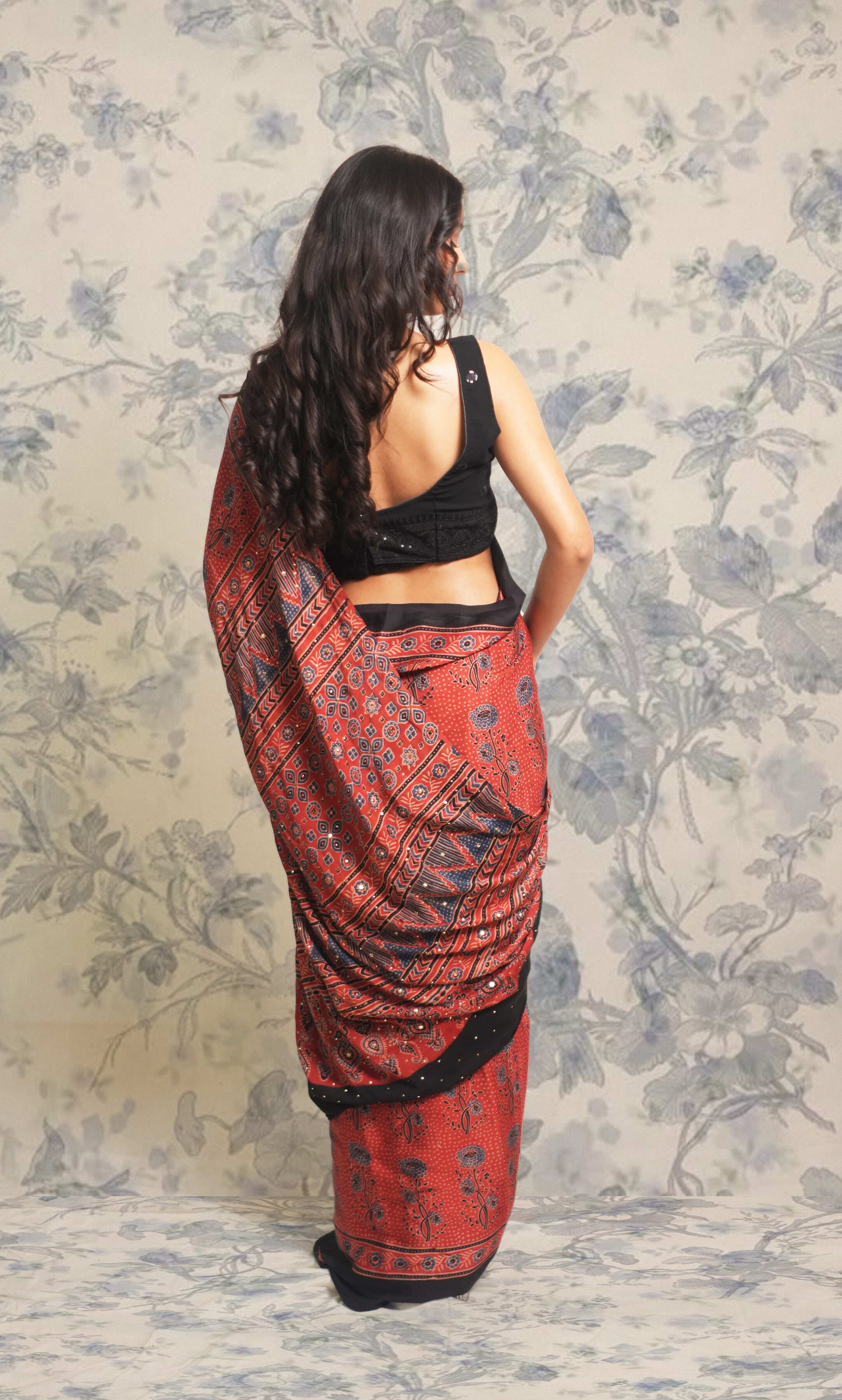 Maroon Ajrak Print Mukaish Work Modal Silk Saree