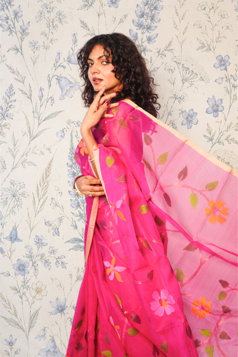 Hot Pink Organza Jamdani with Silver Zari work