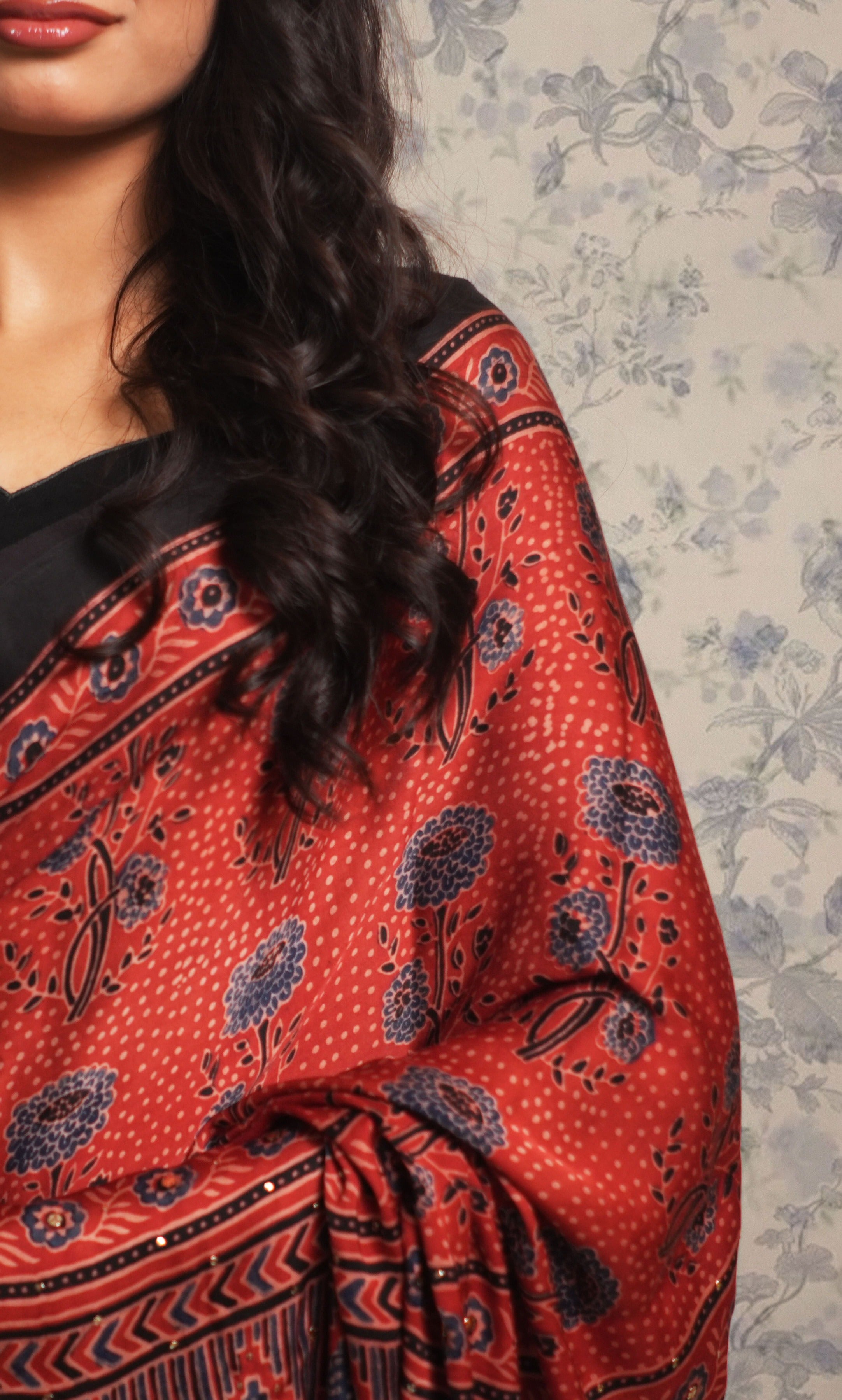 Maroon Ajrak Print Mukaish Work Modal Silk Saree